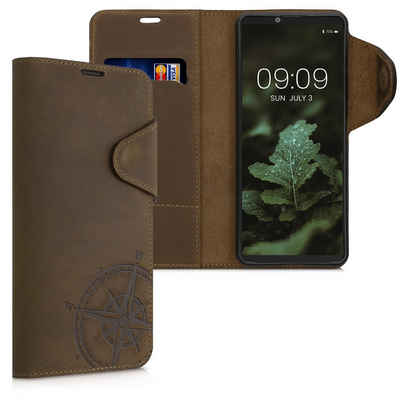 kalibri Handyhülle, Hülle für Sony Xperia 10 IV - Leder Schutzhülle - Handy Wallet Case Cover - Kompass Vintage Design