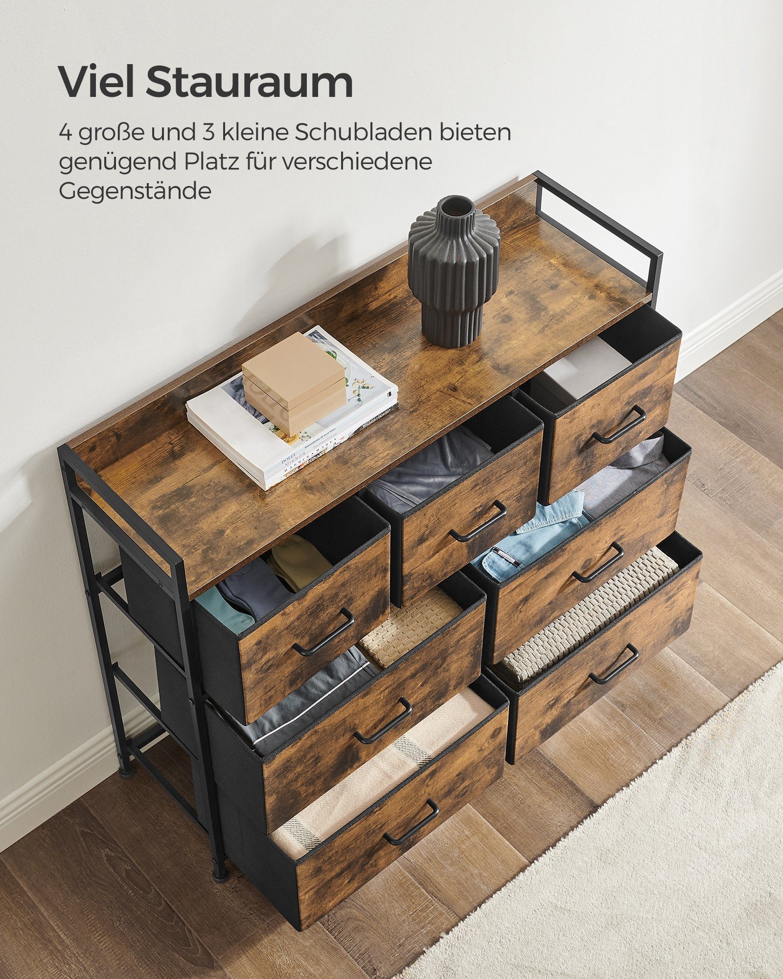 SONGMICS Kommode, Schrank, 7 Schubladen mit Griffen, Industrie-Design,98×85×28.5cm