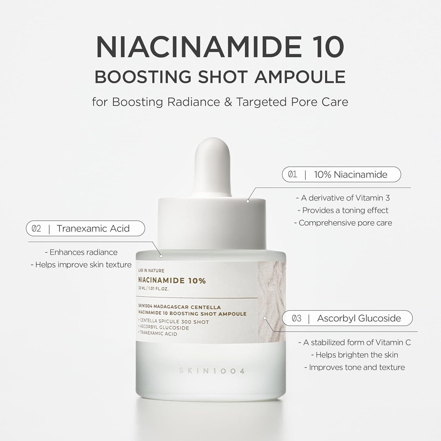 SKIN1004 Gesichtsserum Madagascar Centella Niacinamide 10 Boosting Shot Ampoule ausgleichende Gesichtspflege mit 10 % Niacinamid und Centella Asiatica, zur sichtbaren Porenverfeinerung & für ein ebenmäßiges Hautbild 30 ml