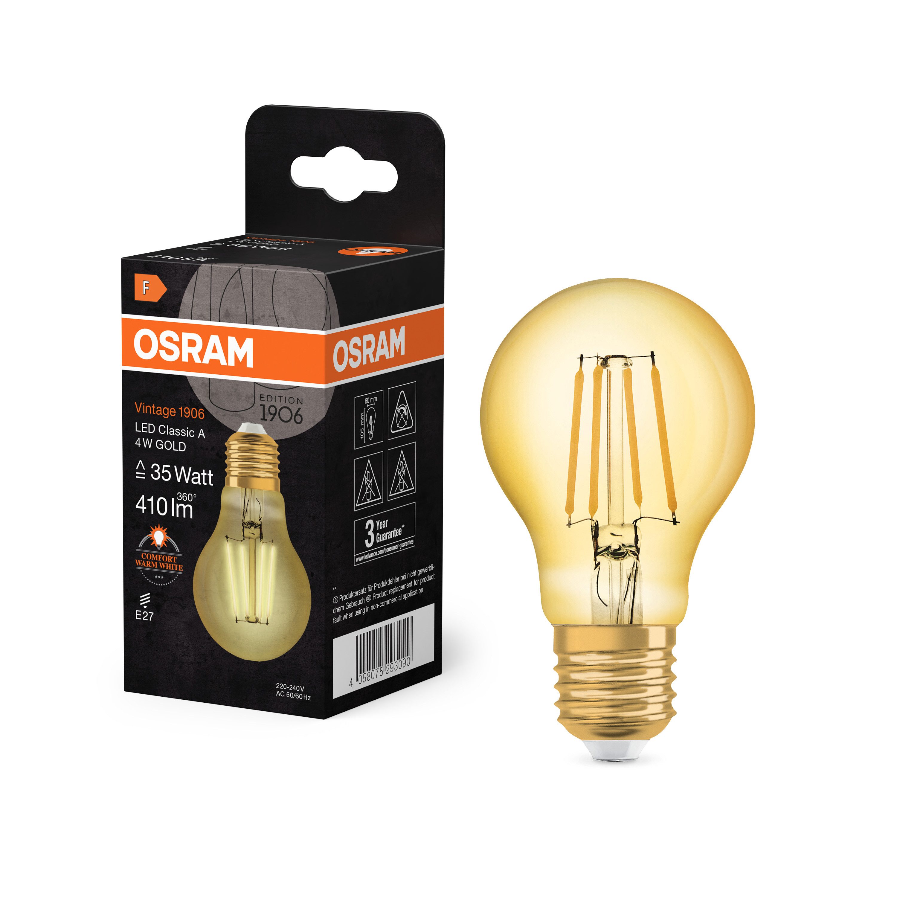 Ledvance LED-Leuchtmittel Vintage 1906 Classic A 35 Filament 4W 824 Gold E27, E27, 1 St., Warm Comfort Light, Einfacher Austausch von Standardglühlampen