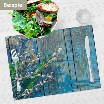 Platzset, Tischset Frühling, Ostern & Blumen - Weidenkätzchen auf Holz, Tischsetmacher, (aus Naturpapier in Aufbewahrungsmappe für tolles Ambiente, 12-St., 44 x 32 cm / blau), Tischdeko Made in Germany