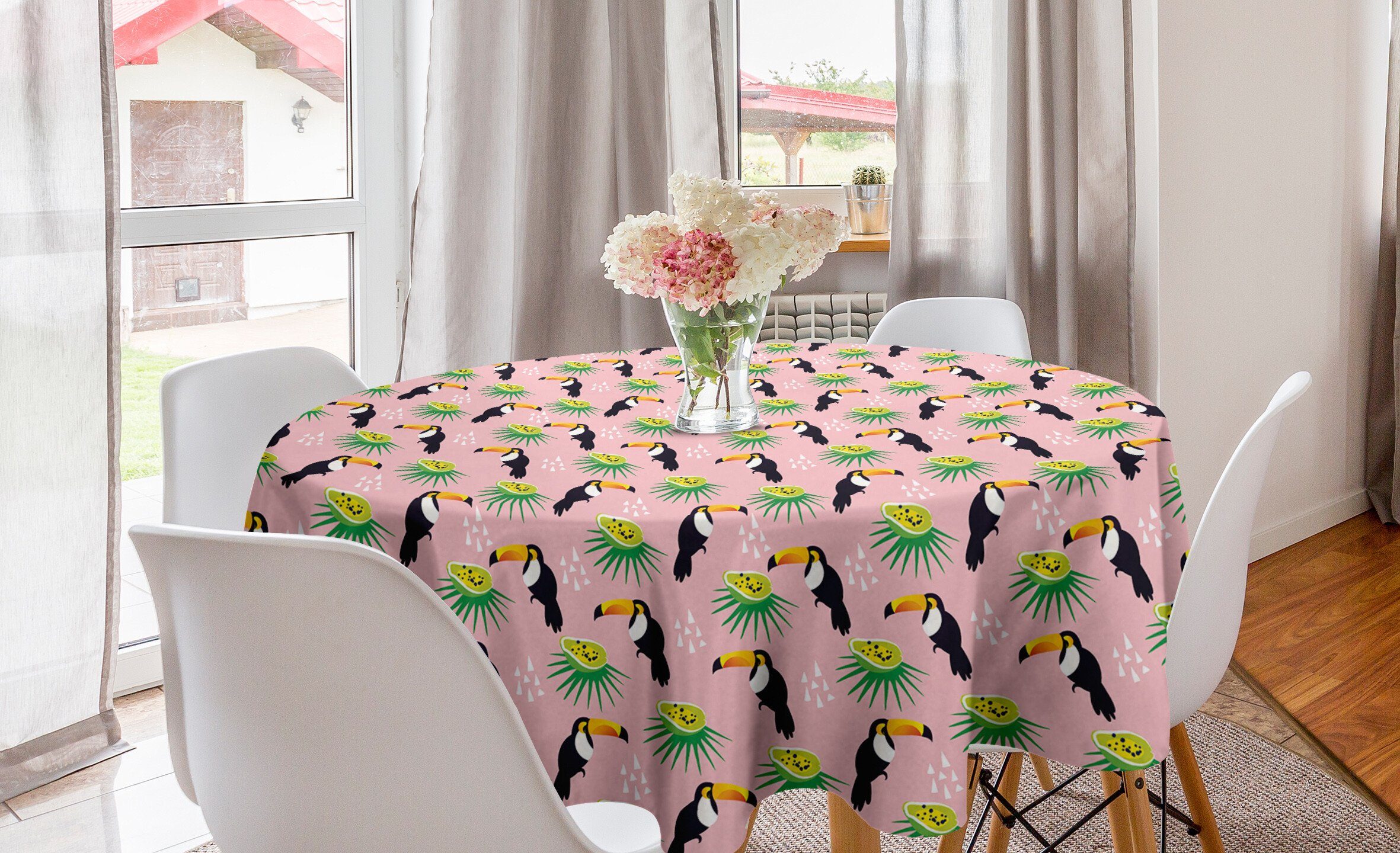 Abakuhaus Tischdecke Kreis Tischdecke Abdeckung für Esszimmer Küche Dekoration, Vogel-Druck Obst Palm und Tukane