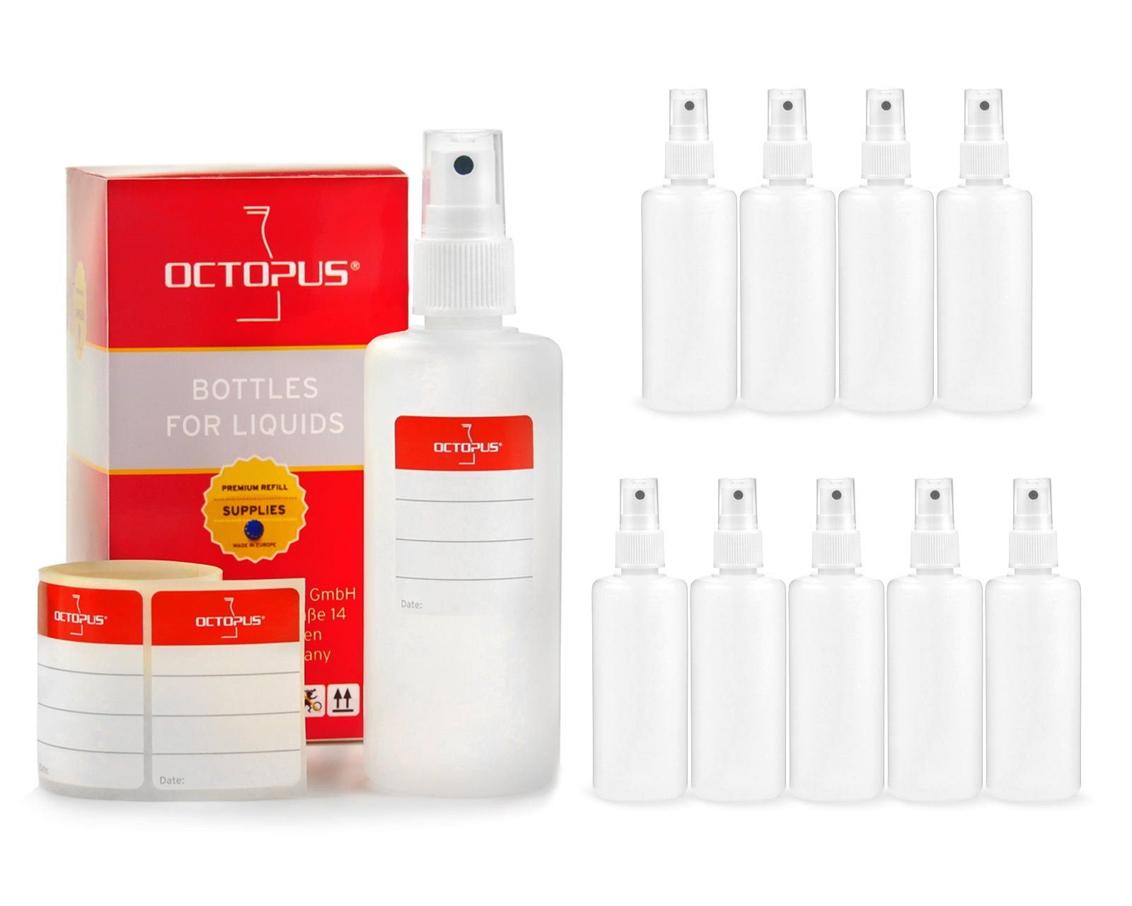 OCTOPUS Zerstäuberflasche 10 Plastikflaschen 100ml HDPE natur G18, Fingerzerstäuber weiß (10 St). € 18,65, (€ 1,87 pro 1 Stk).