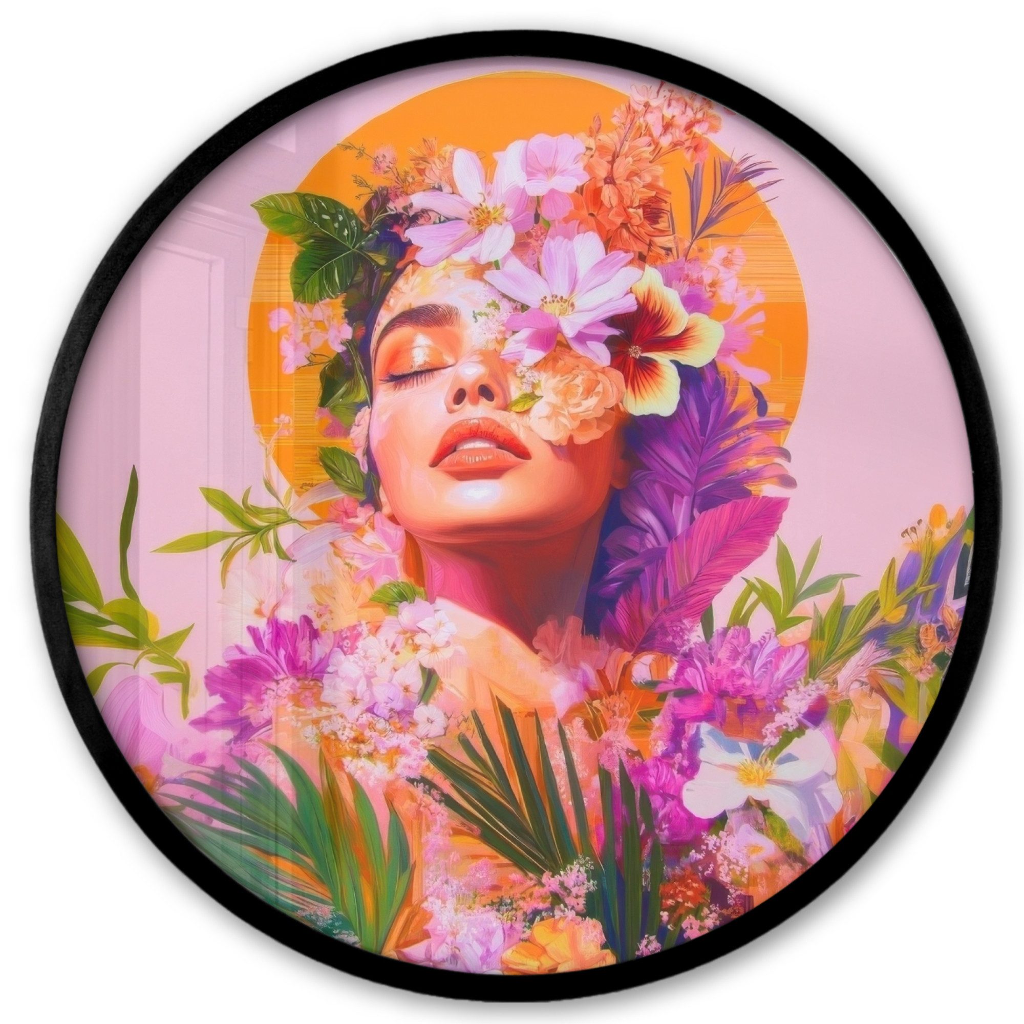 MuchoWow Плакат Rund - Frau - Abstrakt - Kreis - Blumen, (1 St), Runde Wandbilder, Deko für Wohnzimmer und Schlafzimmer, 40x40 cm
