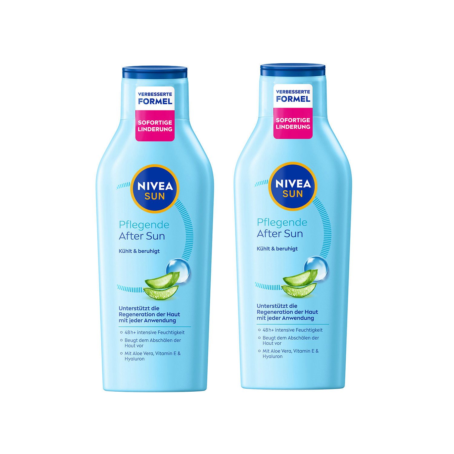 Nivea Sun After Sun-Lotion 2 x 400ml 48h+ Feuchtigkeit Kühlend Hyaluron, 2-tlg., mit Bio-Aloe Vera, Vitamin E und Hyaluron