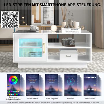 OKWISH Couchtisch Hochglanz mit Glastür, Beistelltisch mit LED per APP, Wohnzimmertisch