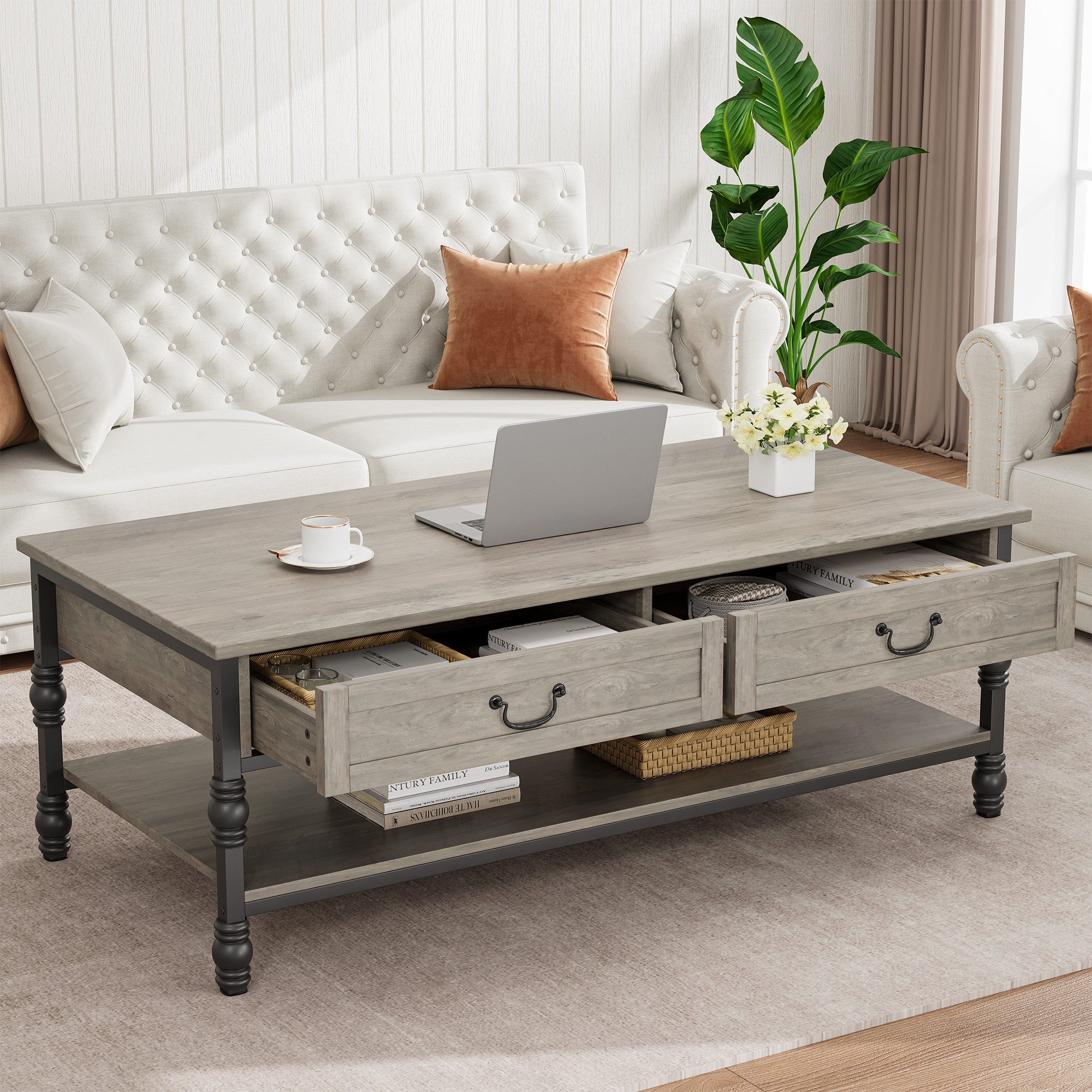 GarveeMore Couchtisch 2 Schubladen, römische Säulenbeine, offenes Ablagefach, Vintage-Griffe, PB+Eisen, 105x45x55 cm, grau