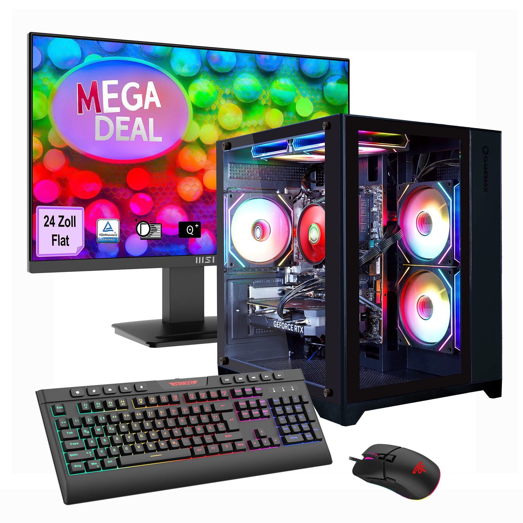 GAMEMAX MegaDeal Infinity Mini BK 2698 Ryzen 7 5700X RTX 5060Ti 16GB 1TB SSD Gaming-PC-Komplettsystem (24", AMD Ryzen 7 5700X, RTX 5060 Ti, 16 GB RAM, 1000 GB SSD, Windows 11 + MSI PRO MP2412DE Monitor 60cm (24)