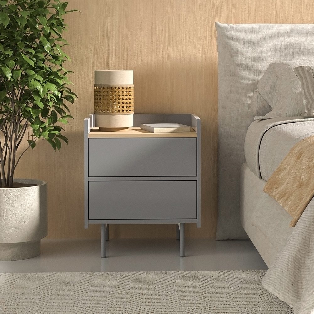 Vicco Nachtschrank Velina, Grau/Eiche, 48 x 58 cm mit 2 Schubladen (1-St)
