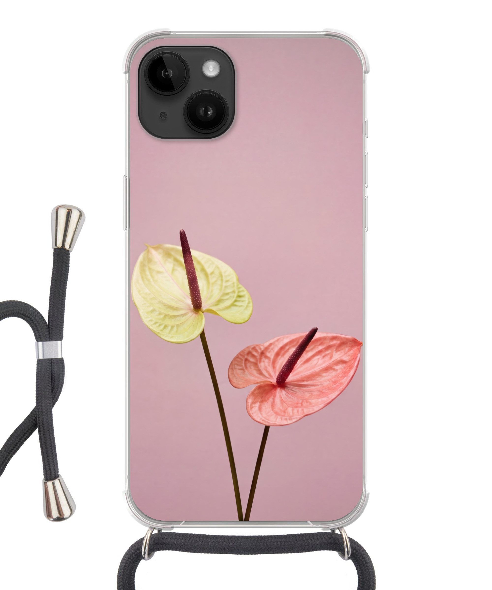MuchoWow Handyhülle für Apple iPhone 14 Blumen - Anthurien - Gelb - Rosa, Tragbare Handyhüllen mit Kette zum umhängen, Handykette Handyband