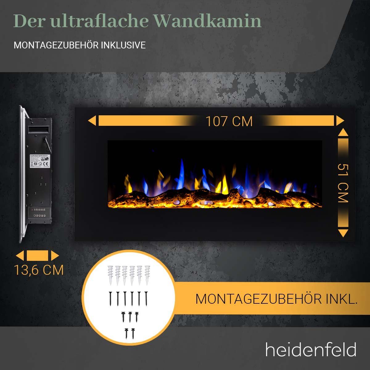 Fernbedienung LED, - Heizung J. Wandkamin Flammen Elektrokamin Heidenfeld 750/1500 HF-WK500 Garantie Bluetooth inkl. Lautsprecher Watt 3 - - Kamin 3D Elektroheizung