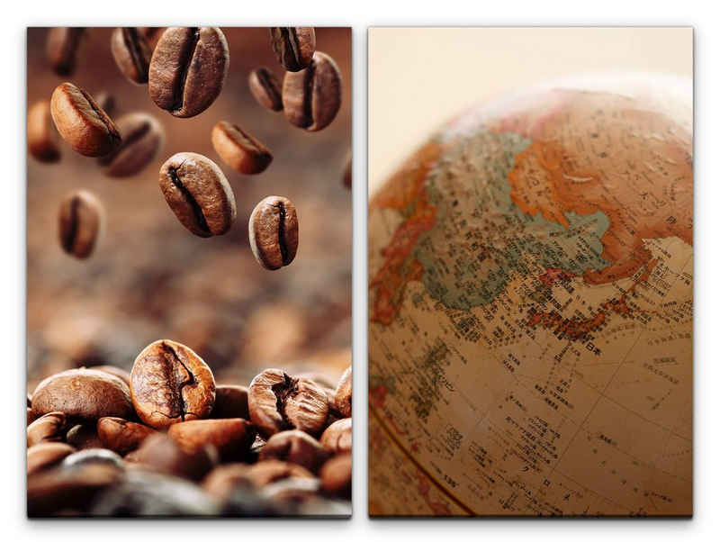 Sinus Art Leinwandbild 2 Bilder je 60x90cm Kaffee Kaffeebohnen Barista Globus Weltweit Aromatisch Genuss