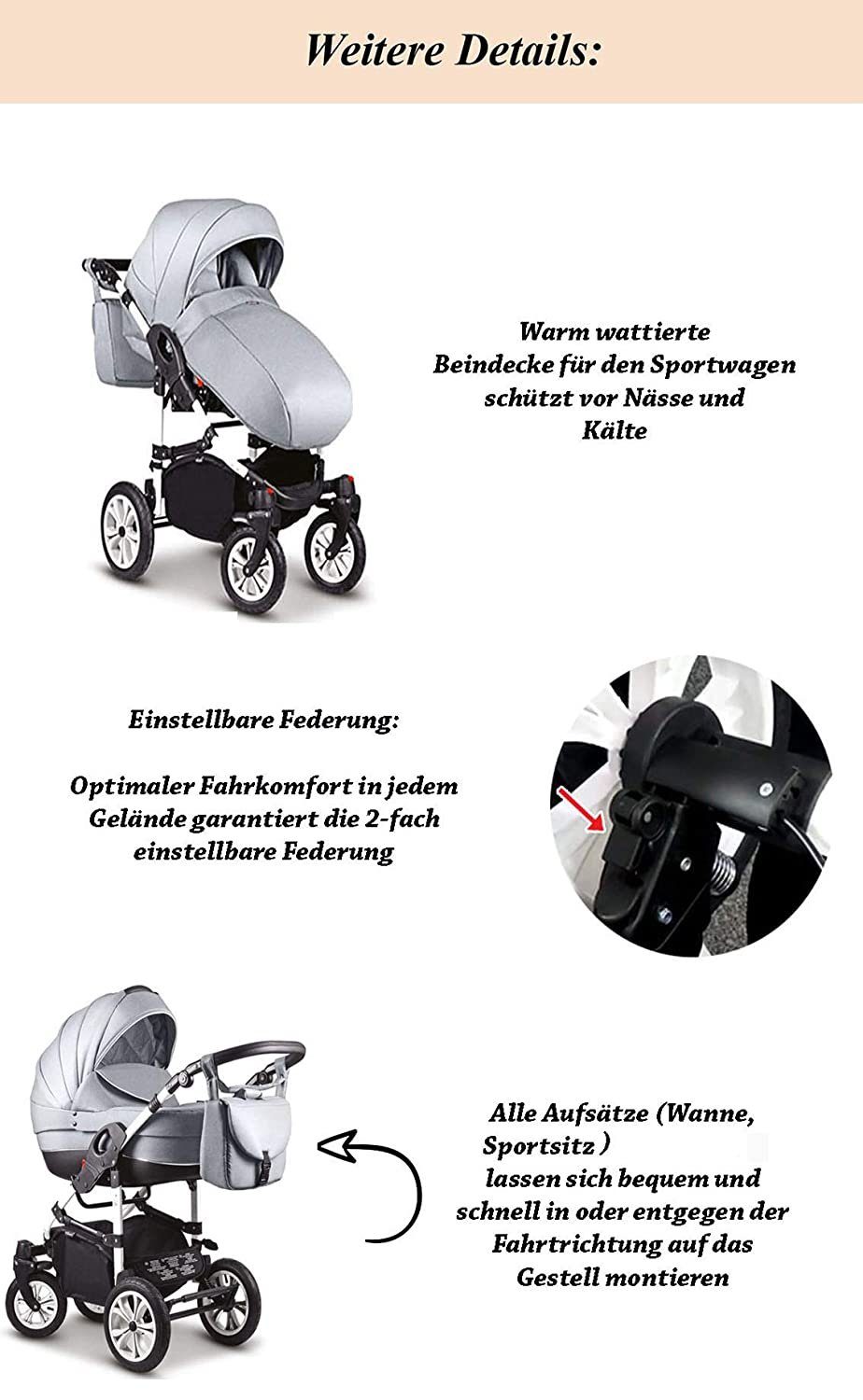 16 2 Farben Kombi-Kinderwagen in Cosmo in 1 13 Grau-Weiß Kinderwagen-Set ECO Kunstleder - - babies-on-wheels Teile