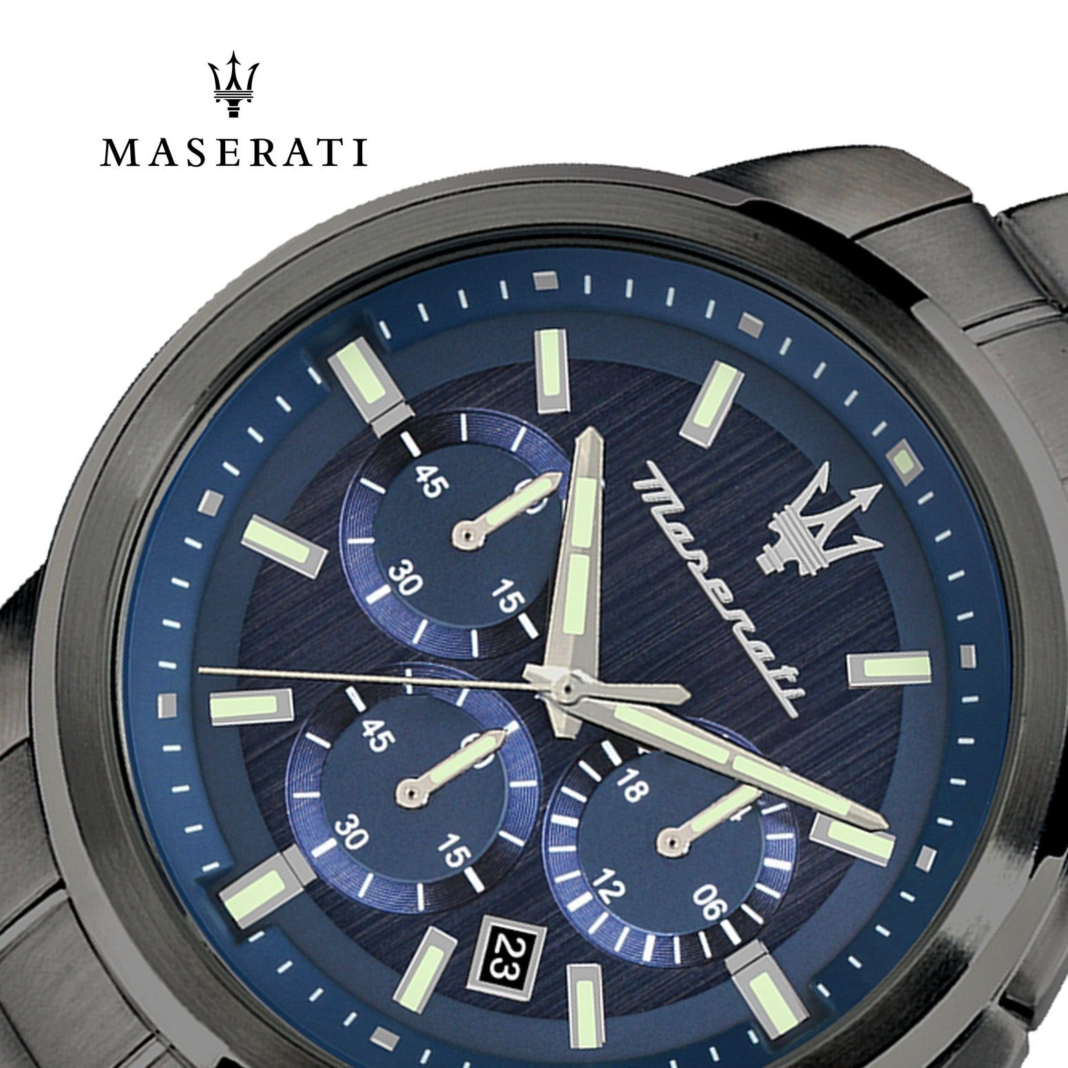 MASERATI Chronograph Uhr 52x44mm) Italy Maserati groß Chronograph, (ca. Herrenuhr rund, Herren blau, Made-In Edelstahlarmband, grau