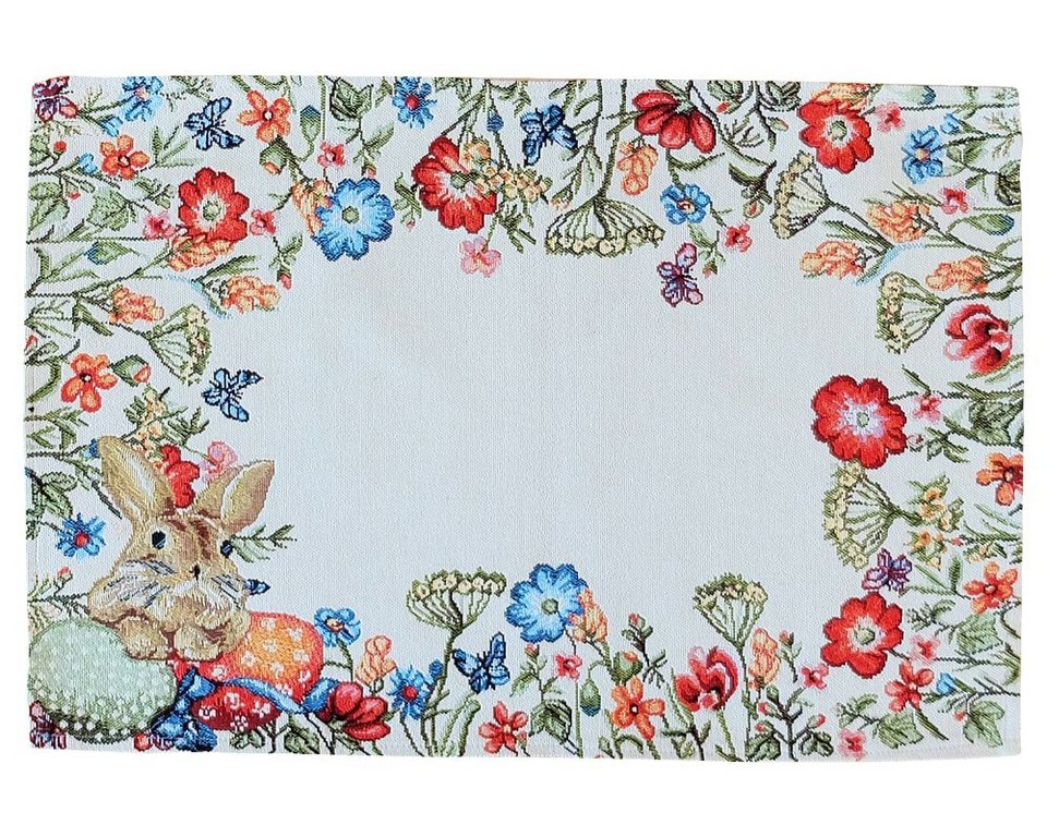 matches21 HOME & HOBBY Tischdecke Tischläufer Gobelin Osterhasen Blumen  gewebt beige 35x50 cm (1-tlg)