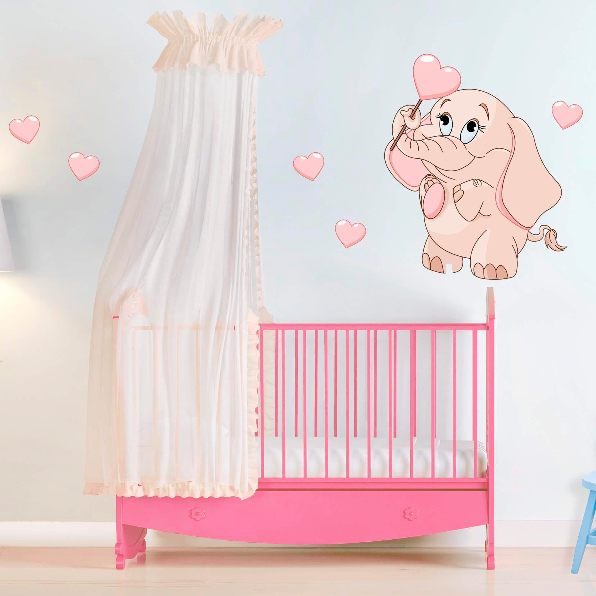 Elefantenbaby mit Herzen + Wandtattoo rosa Wall-Art Leuchtsticker