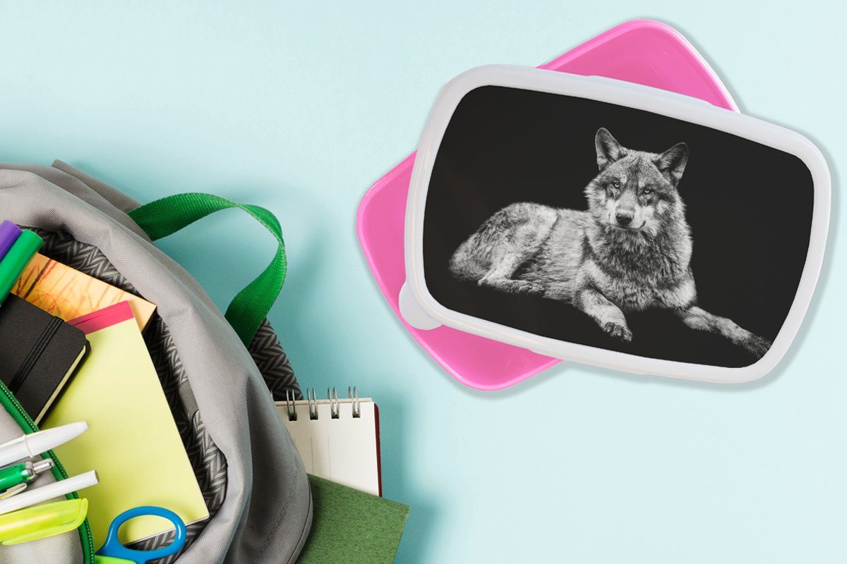 MuchoWow Lunchbox für Kunststoff, - - rosa Brotbox (2-tlg), - Kunststoff Snackbox, Brotdose Weiß, Erwachsene, Schwarz Kinder, Wildlife Wolf Mädchen