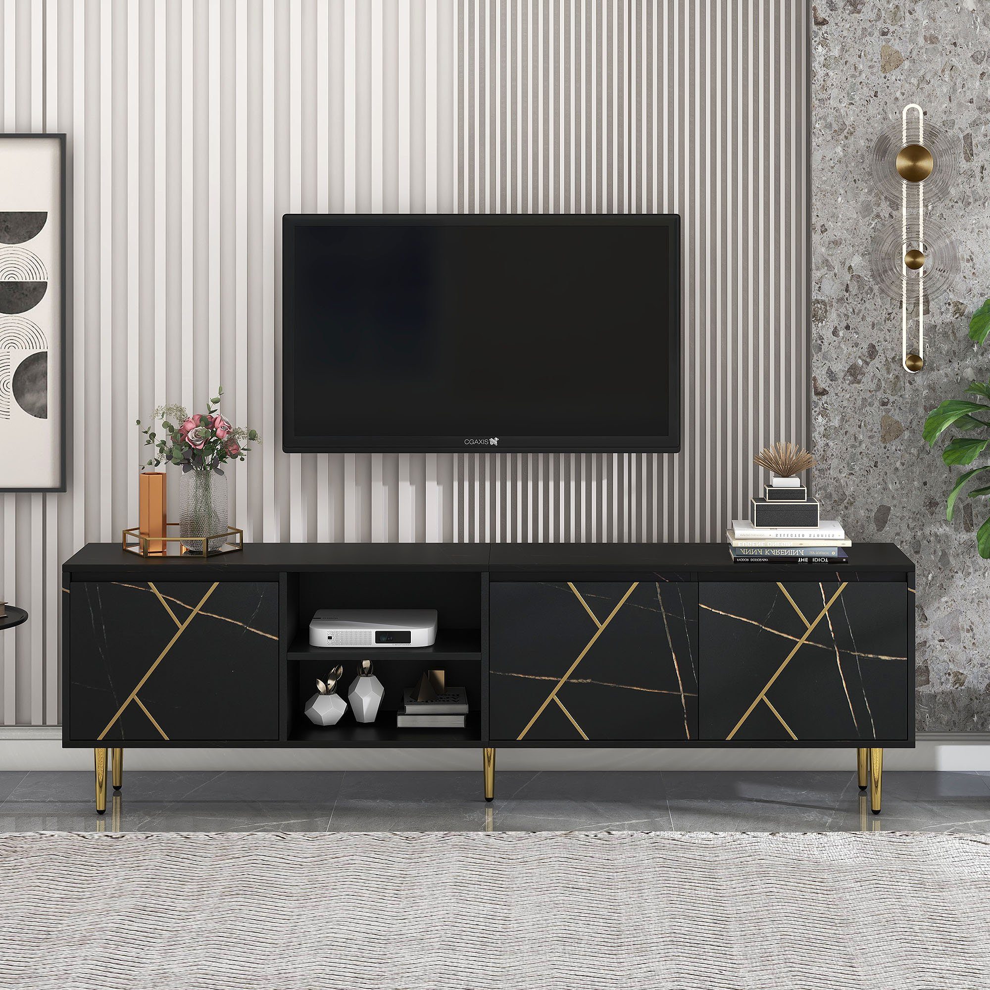 BlingBin TV-Schrank Lowboard (1-St) mit 3 Türen, modernem Schwarz-Gold-Design, für 90-Zoll-Fernseher
