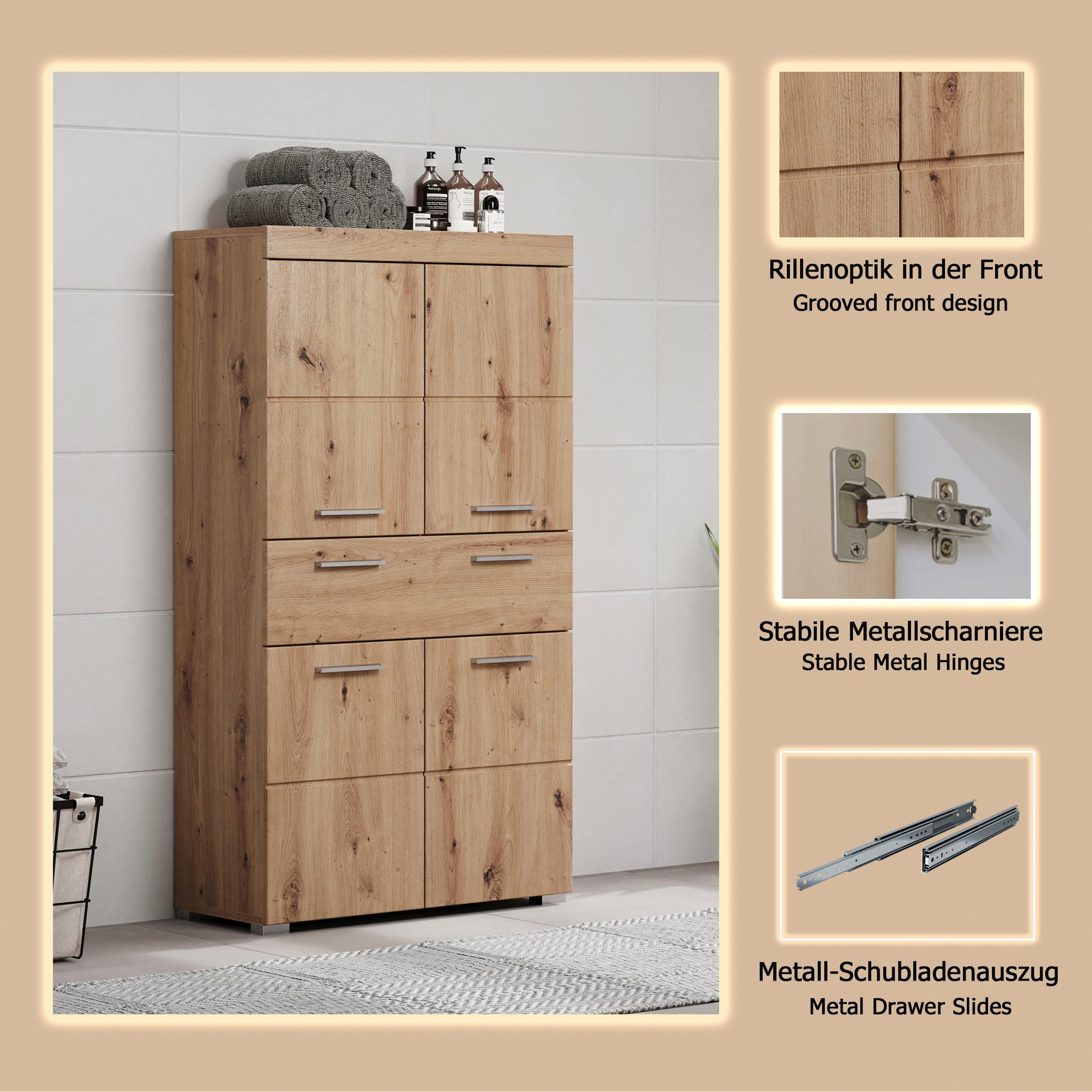 welltime Midischrank Avena Standschrank mit 4 Türen, 1 Schublade - (B/T/H) 73/31/130 cm