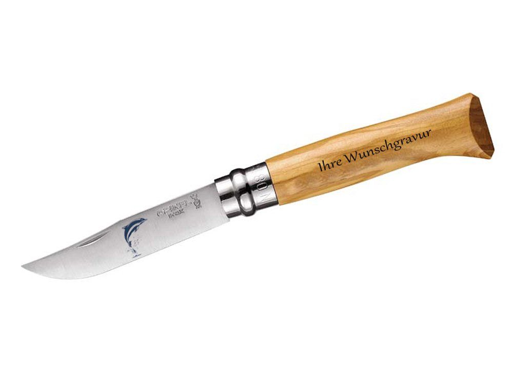 Taschenmesser No 08, Olive, Delfinmotiv, mit Namensgravur am Griff