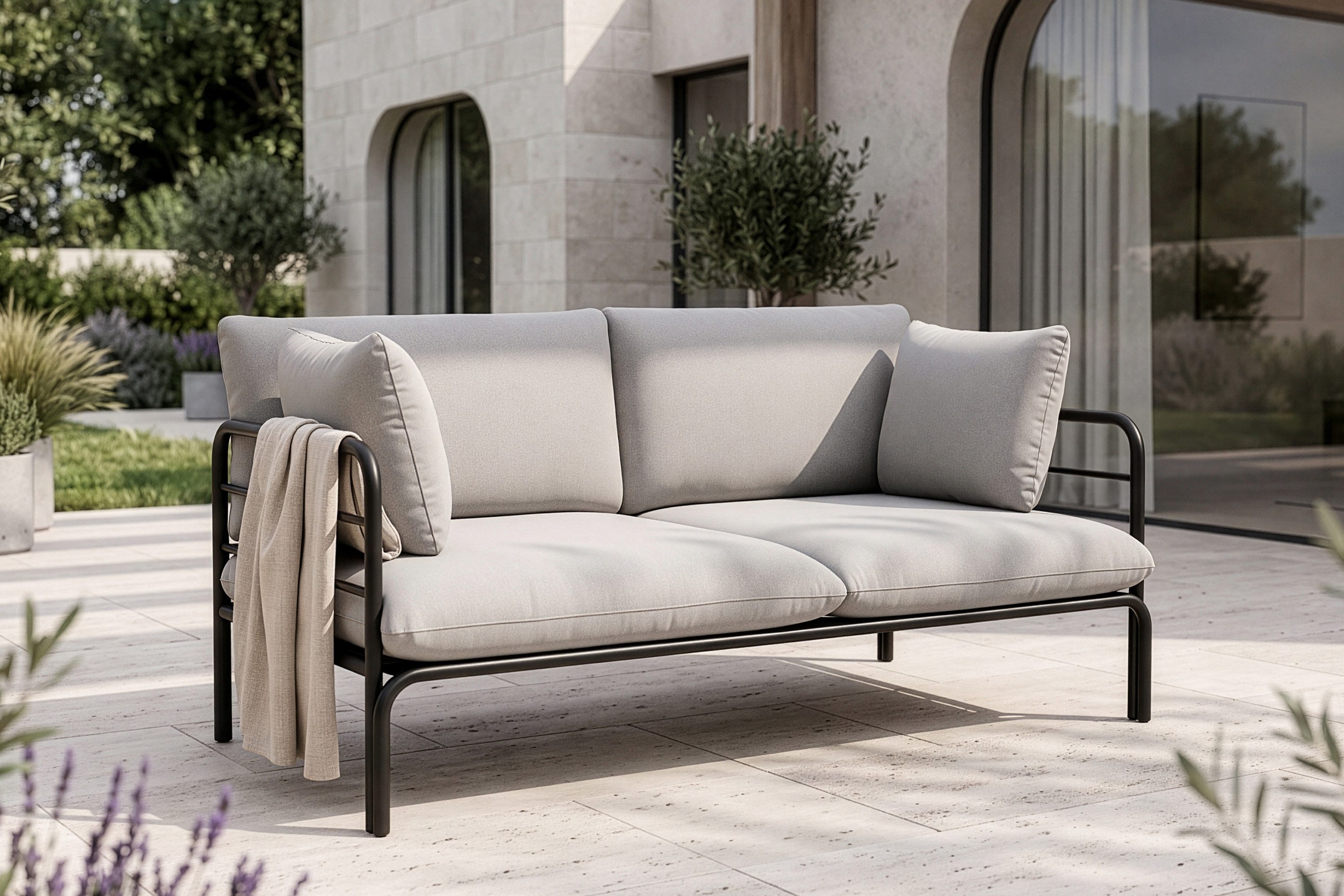KONSIMO® Loungesofa RAMBE Sofa 2-Personen, Superrobuste Bezugsstoffe, Gartensofa, lackierter Stahlrahmen, hergestellt in der EU