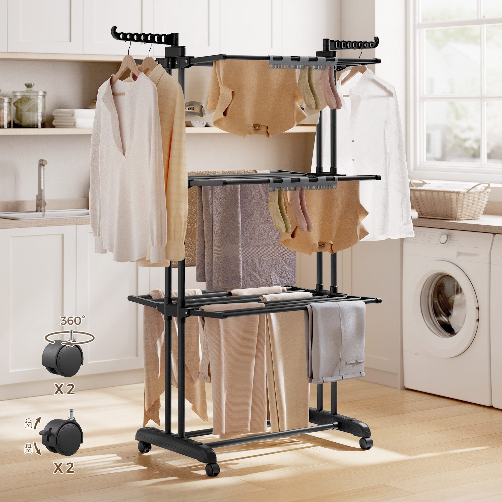 SONGMICS Wäscheständer Turm Standtrockner 4 Ebenen, Flügelwäscheständer, einfacher Aufbau, klappbare Flügel, mit Rollen, 63,5 x 125,5 x 173 cm – Bild 2 von 5