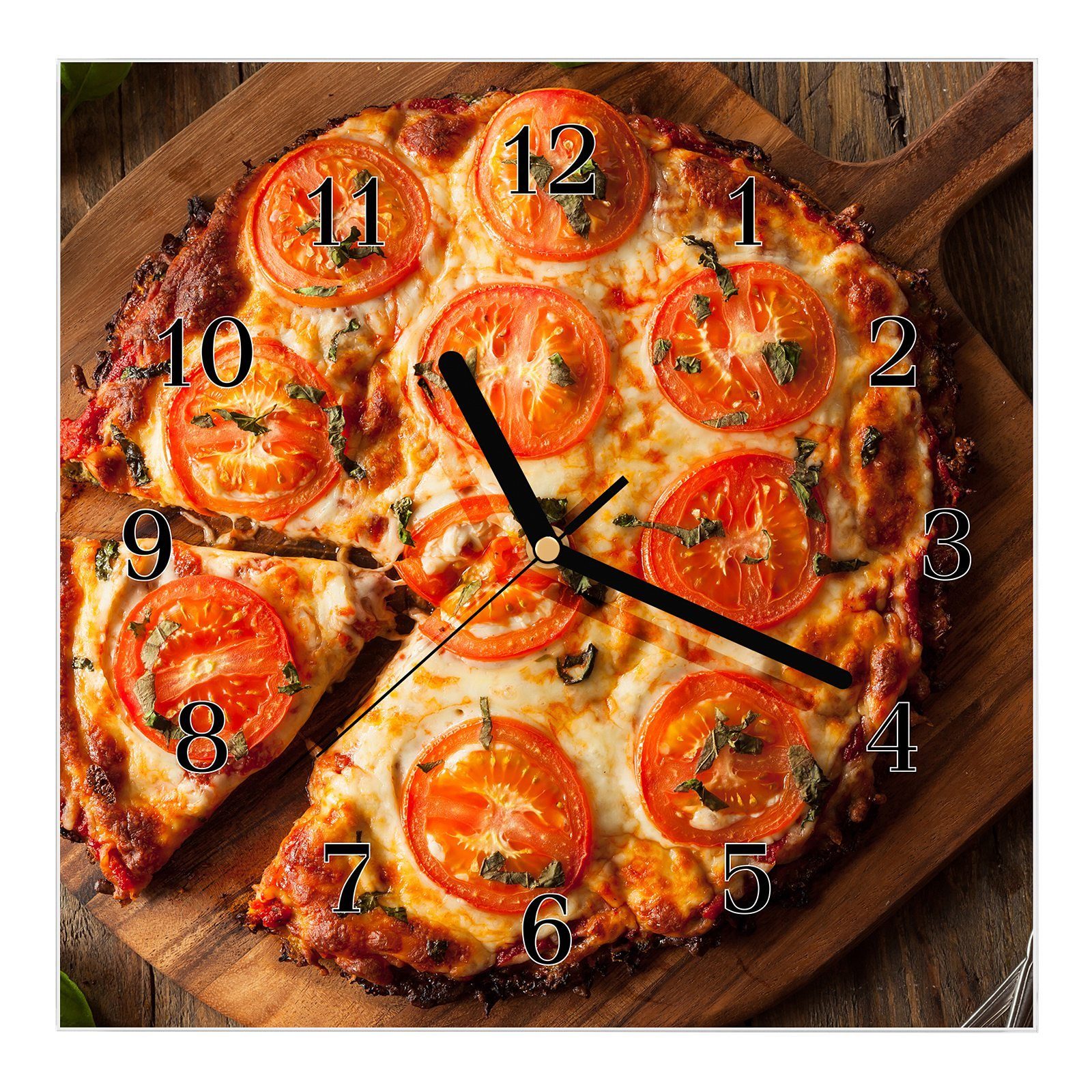 Primedeco Wanduhr Glasuhr Wanduhr Wandkunst Größe 30 x 30 cm mit Motiv Pizza mit Tomaten