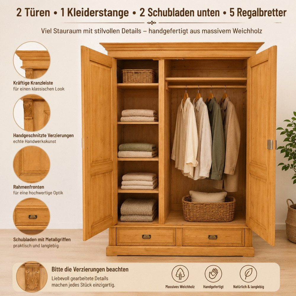 Wohnpalast Kleiderschrank Premium 2-türiger Kleiderschrank gewachst– Weichholz, Landhausstil