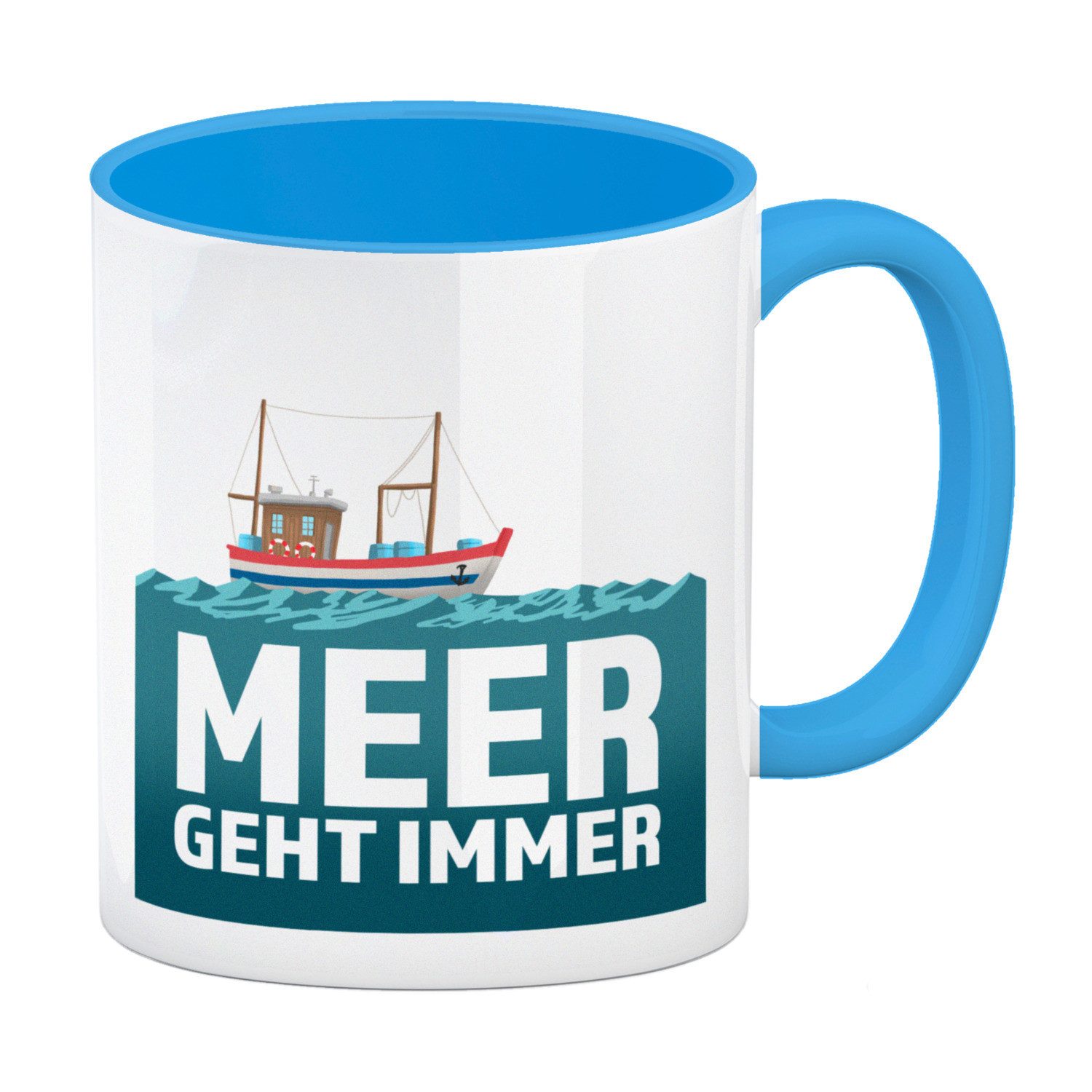 speecheese Tasse Meer geht immer Kaffeebecher Hellblau mit Boot für Urlauber