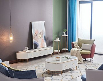Casa Padrino TV-Schrank Luxus TV Schrank Weiß / Messingfarben / Gold 200 x 40 x H. 42 cm - Modernes Wohnzimmer Sideboard mit 3 Schubladen - Moderne Wohnzimmer TV Möbel