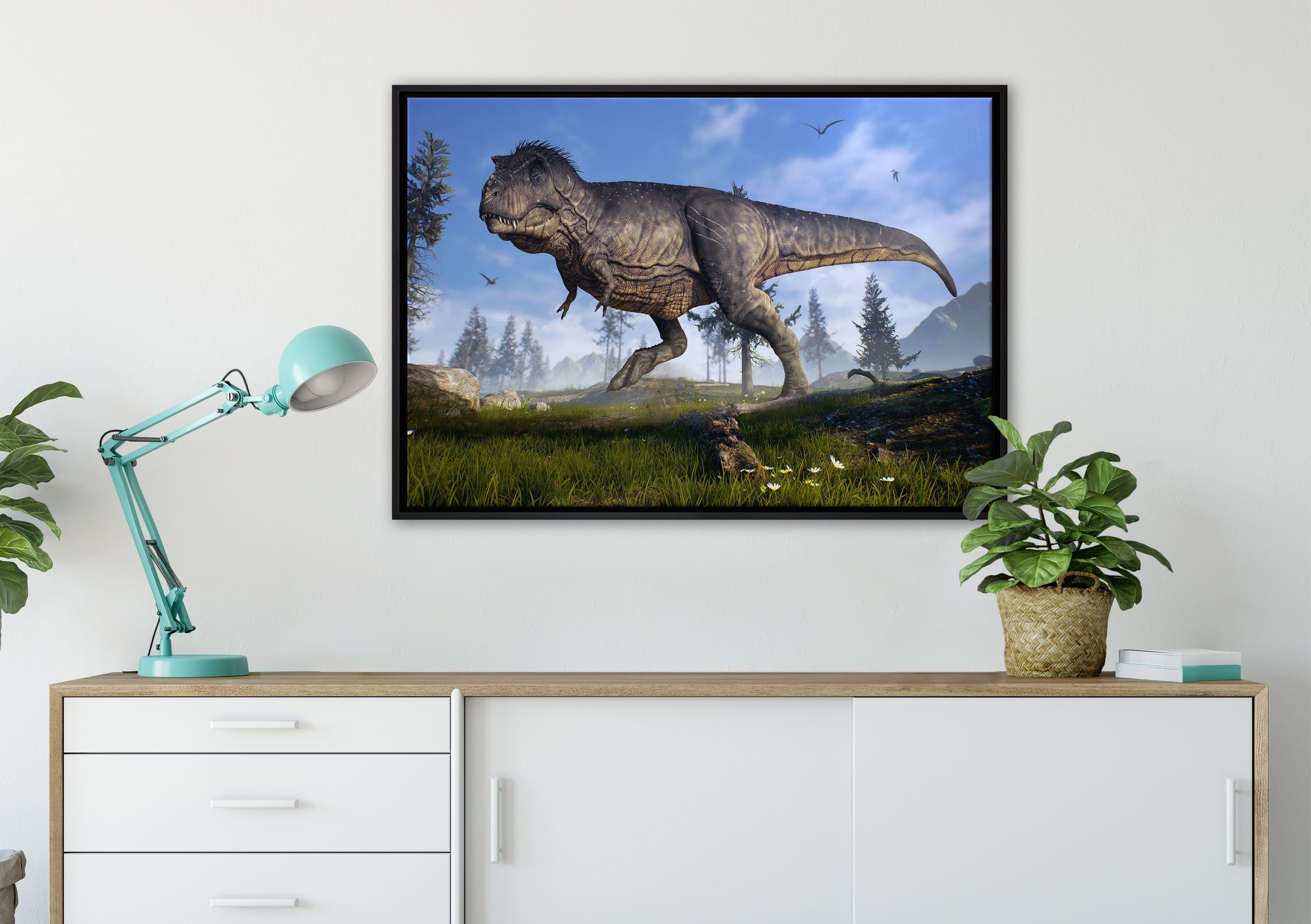 Pixxprint Leinwandbild T-Rex Dinosaurier der (1 gefasst, in St), Wanddekoration bespannt, Leinwandbild Natur, inkl. Zackenaufhänger fertig einem Schattenfugen-Bilderrahmen in