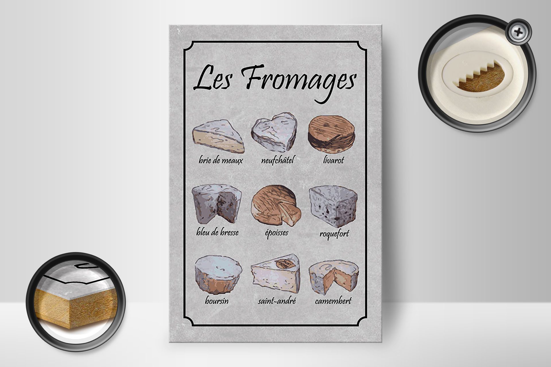 Femer GmbH Holzbild Essen 20x30 cm 9 französische Käsesorten Les Fromages, (1 St), Glatte Holzfaserplatte (MDF), vorn beschichtet