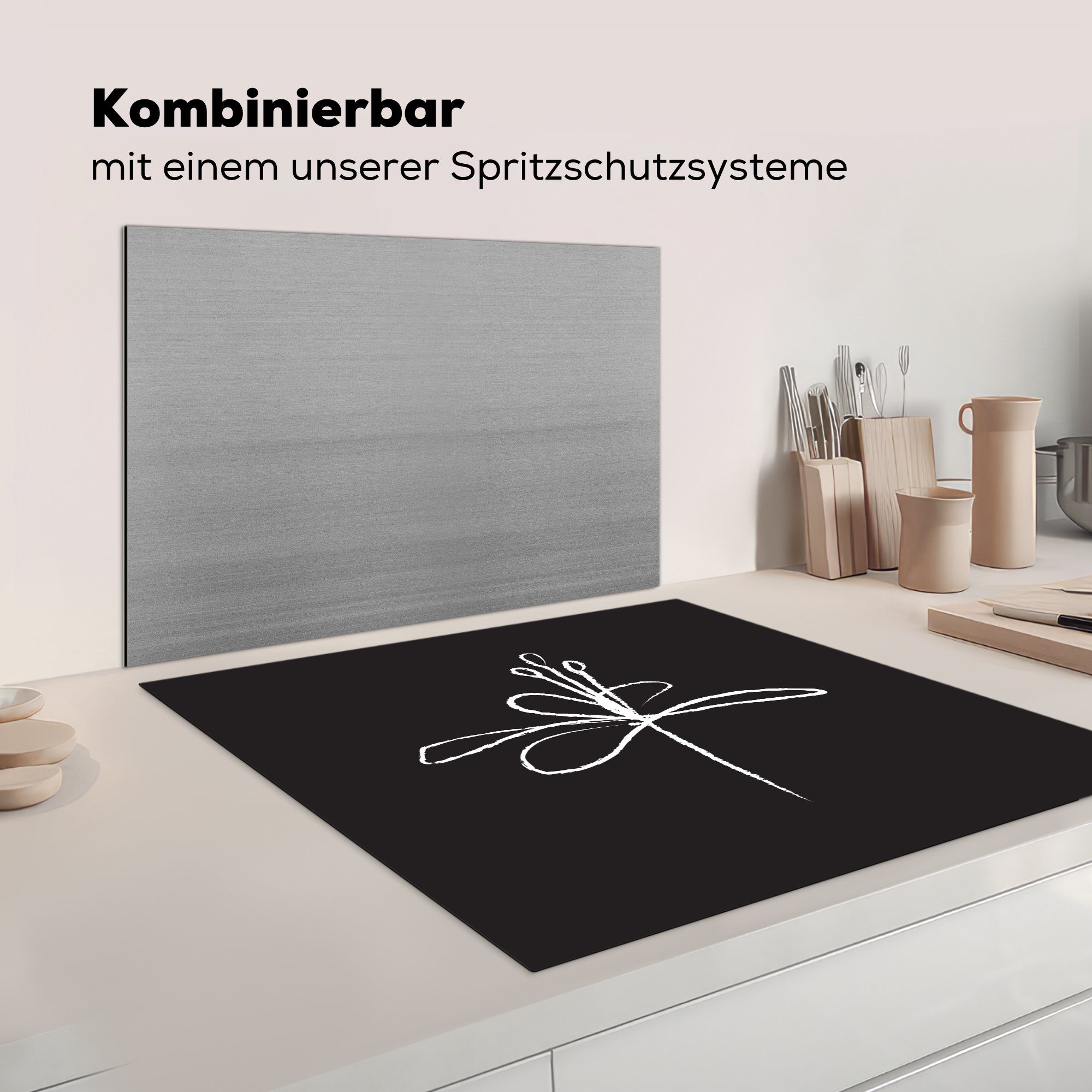 Arbeitsplatte (1 küche für - - Herdblende-/Abdeckplatte - tlg), Strichzeichnung Vinyl, Blume 78x78 MuchoWow Ceranfeldabdeckung, Weiß, cm, Schwarz