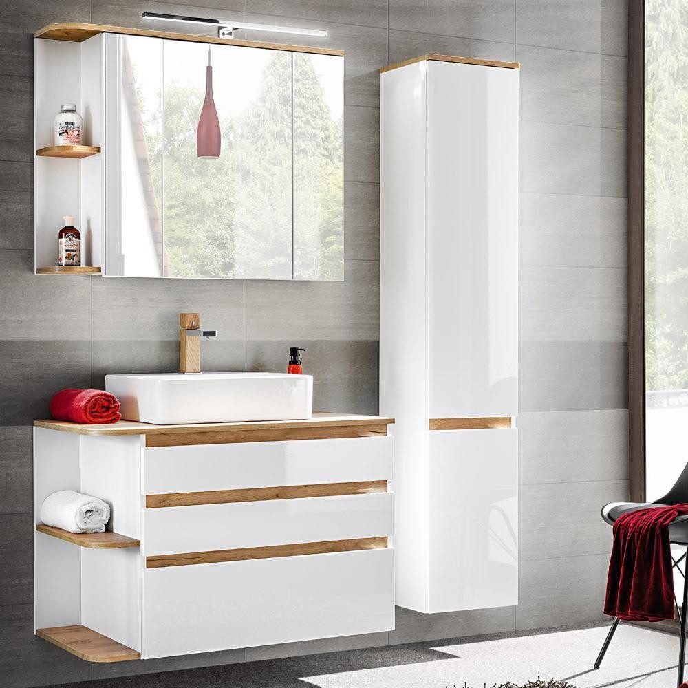 Lomadox Badmöbel-Set CAMPOS-56, (Spar-Set, 5-St), weiß mit Wotaneiche Hochs günstig online kaufen