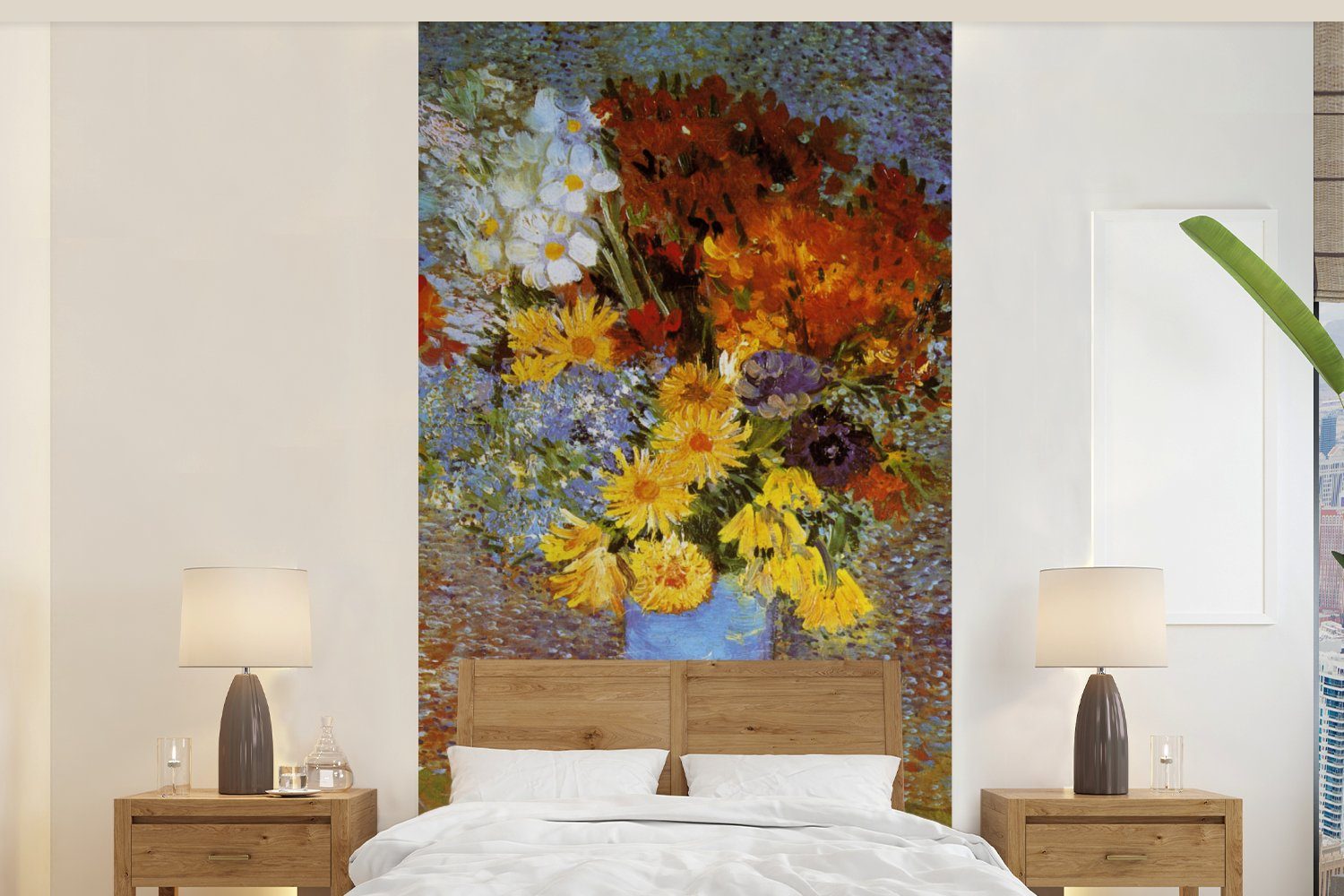MuchoWow Fototapete Vase mit Gänseblümchen und Anemonen - Vincent van Gogh, Matt, bedruckt, (2 St), Vliestapete für Wohnzimmer Schlafzimmer Küche, Fototapete