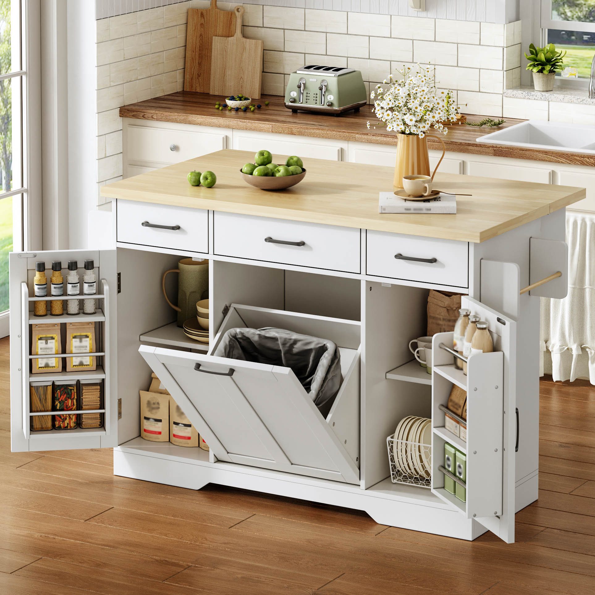 Odikalo Kücheninsel Küchenwagen mit Arbeitsplatte und Müllschrank, (Buffetschrank mit Gewürzregal, Schublade und Rollen, 120 × 45 (70) × 87 cm)
