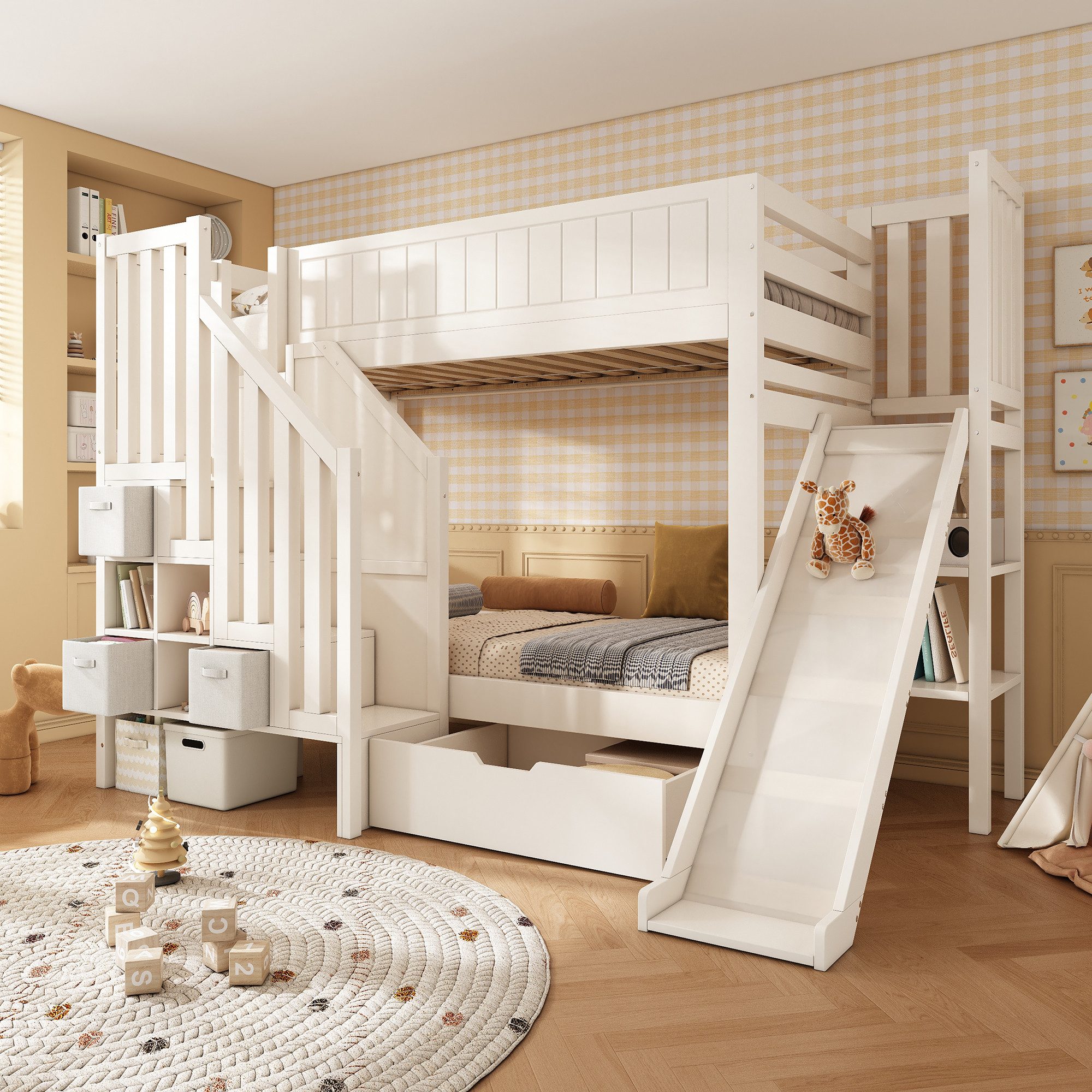 Flieks Etagenbett, Kinderbett Massivholz 90x200cm mit Schublade Rutsche Stauraumtreppe