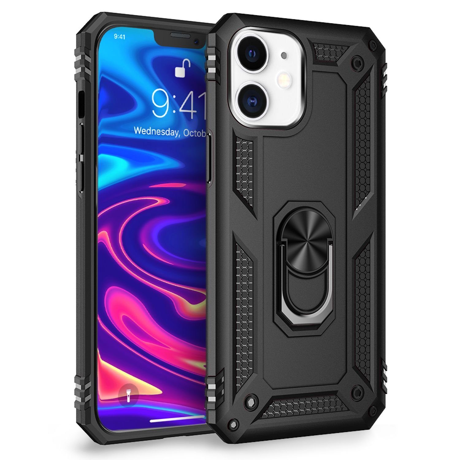 Nalia Smartphone-Hülle Apple iPhone 12 Apple iPhone 12 Pro 15,5 cm (6,1 Zoll), Outdoor Military Style Hülle mit Ring / Extrem Schützend / Panzer Case