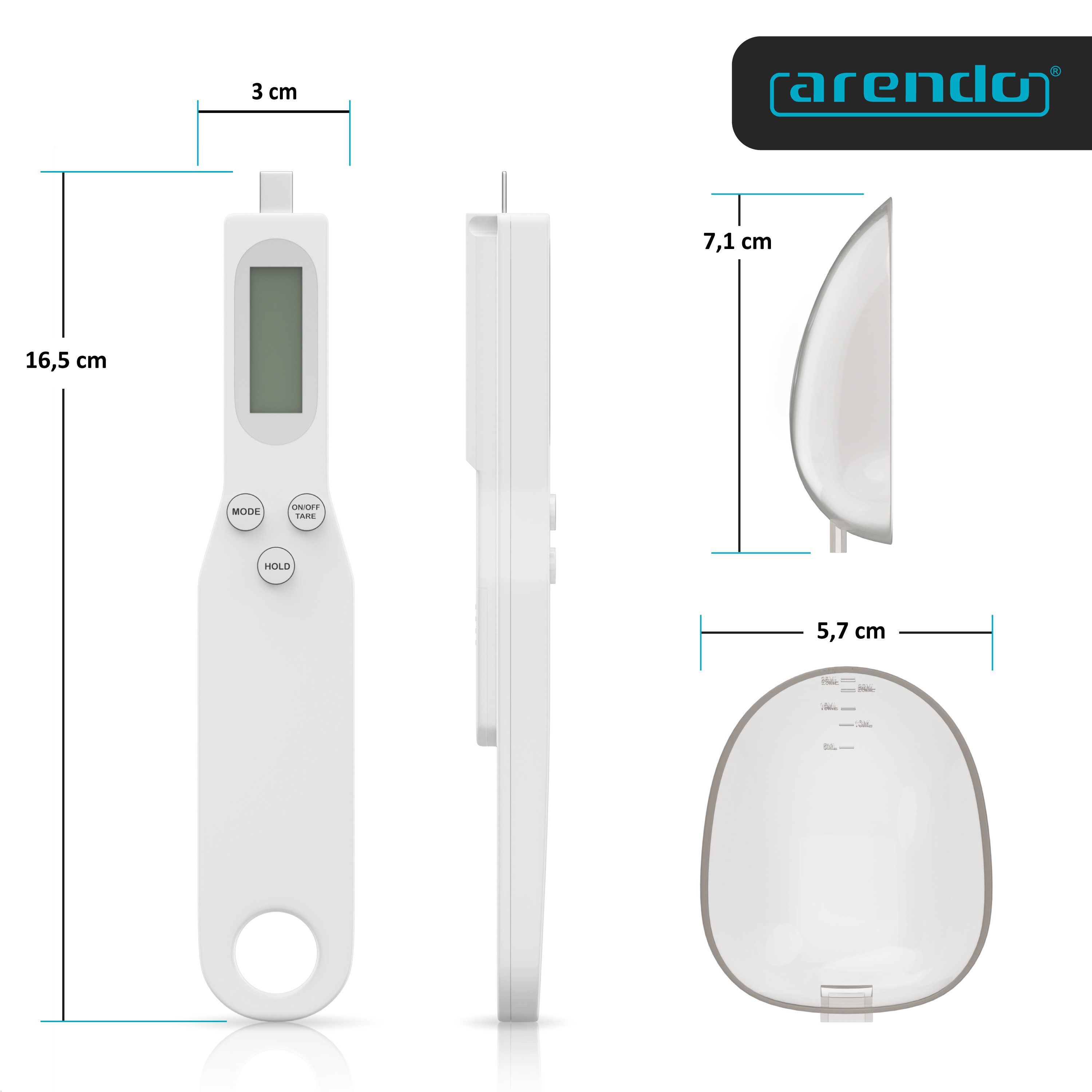 Arendo Löffelwaage digital Küchenwaage Feinwaage, LCD-Anzeige, 0,1g Auflösung, max. 500g, (1-tlg), Tara, Hold, Auto-Abschaltung 60 s, g/oz/gn/ct/ml, Löffel abne – Bild 5 von 5