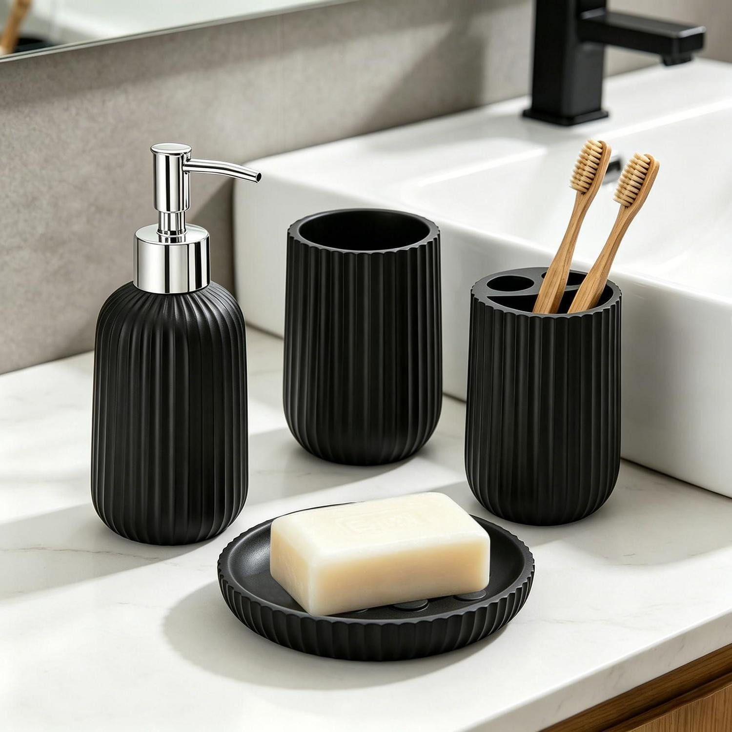 LuxusKollektion Badaccessoire-Set Badezimmer Set 4-teilig Schwarz Harz, 4 tlg.