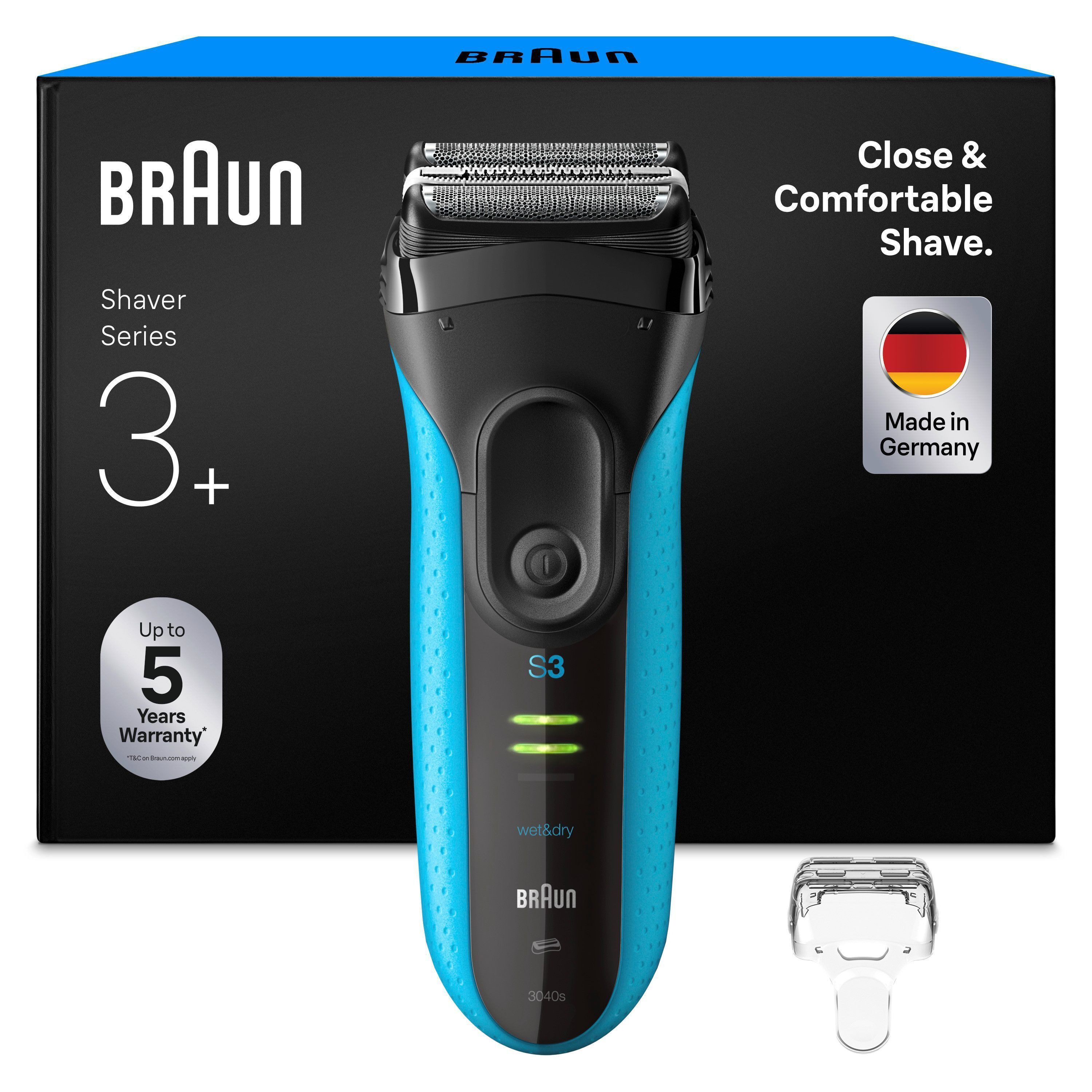 Braun Elektrorasierer Series 3+ 3040s, 3 flexible Klingen, effizienter MicroComb Mitteltrimmer