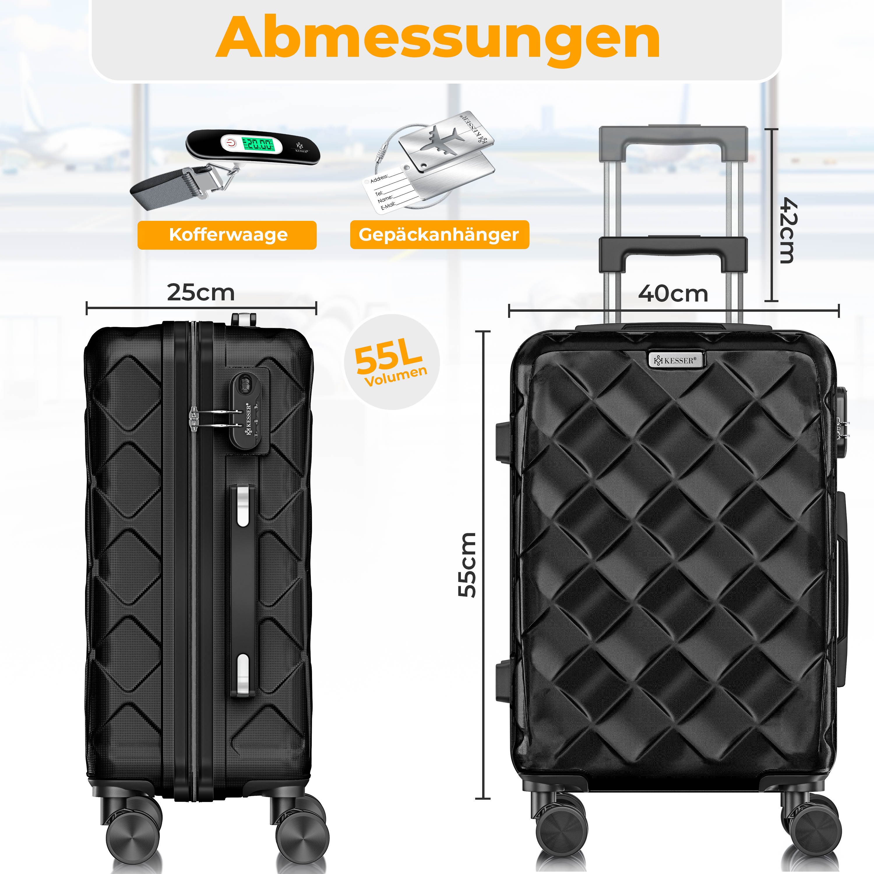 KESSER Hartschalen-Trolley Reisekoffer, 4 Rollen, ABS Hartschalenkoffer mit Zahlenschloss Kofferwaage & Reisebrieftasche