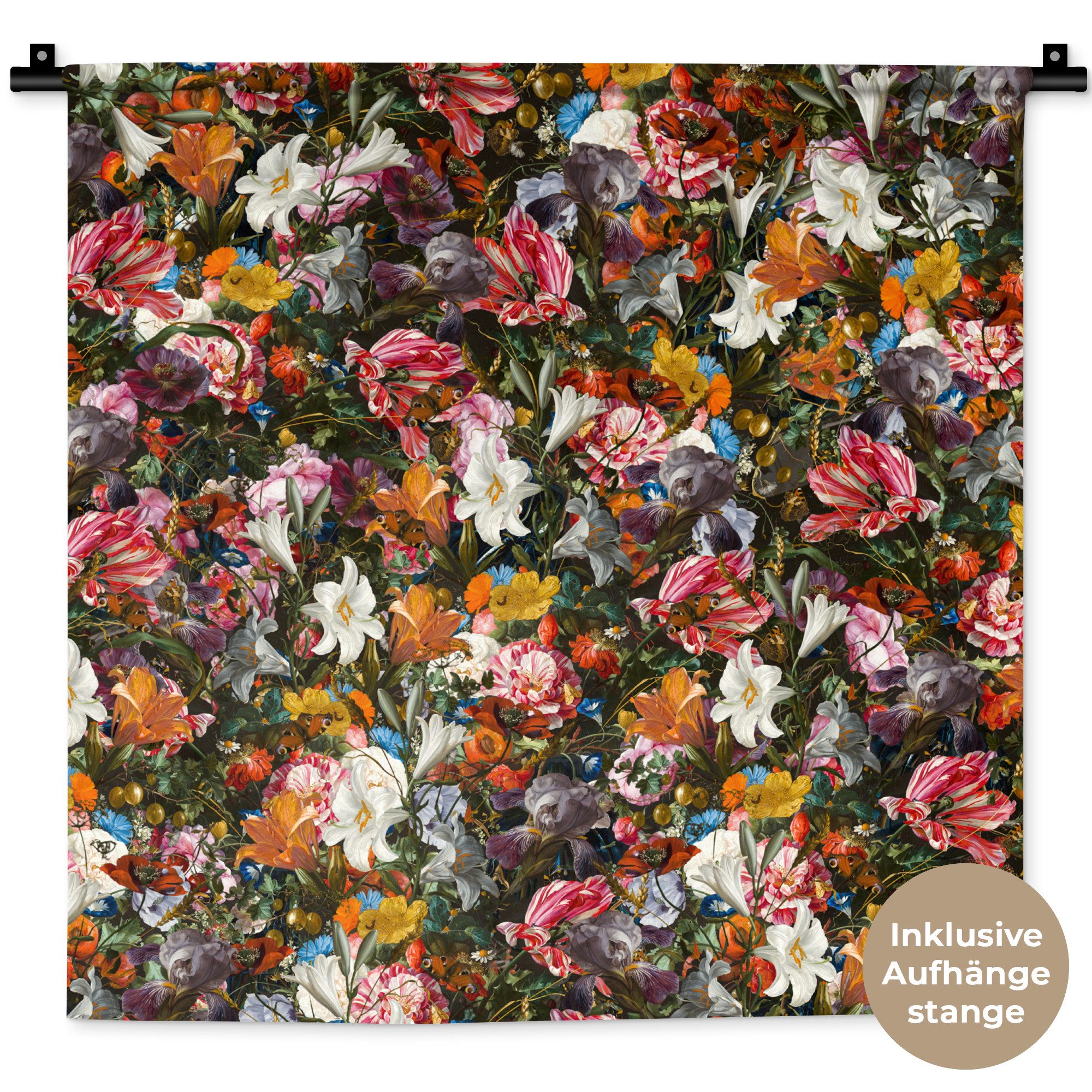 MuchoWow Wandteppich Blumen - Schmetterling - Design - Kunst - Abstrakt - Malerei - Alte Me, Quadratisch, Höhe: 3 mm, Wand Teppich, Deko für an den Wand, 60x60 cm