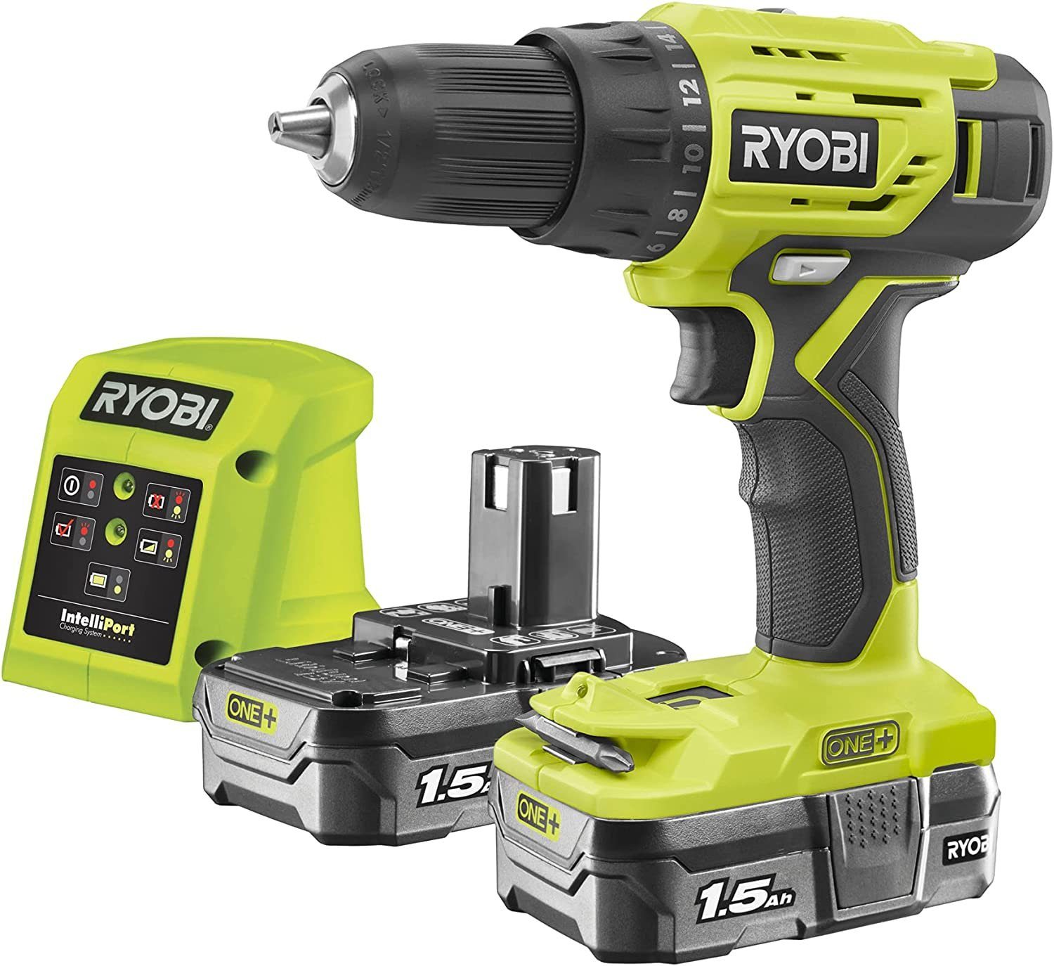 Ryobi Nm mm 13 (Spar-Set, 50 ONE+ Akku-Bohrschrauber Schnellspannbohrfutter Licht 18 R18DD4-215G, LED 4-tlg), V, Drehmoment Bohrschrauber Akkuschrauber