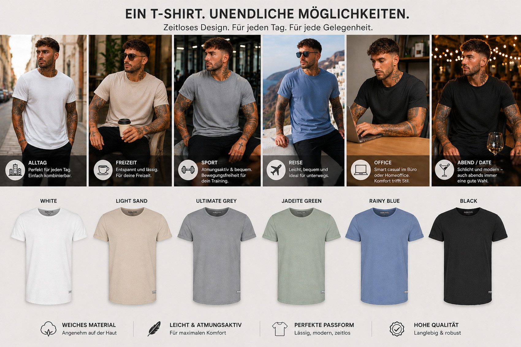 SUBLEVEL T-Shirt Herren Shirt Long Shaped lang geschnitten schwere Qualität
