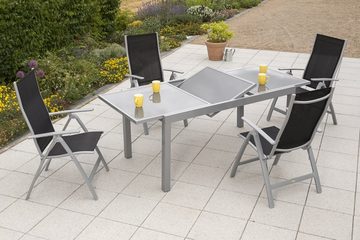 MERXX Garten-Essgruppe Carrara, (Set 5-teilig, Tisch, 4 Klappsessel, Aluminium mit Textilbespannung, Sicherheitsglas), mit ausziehbarem Tisch