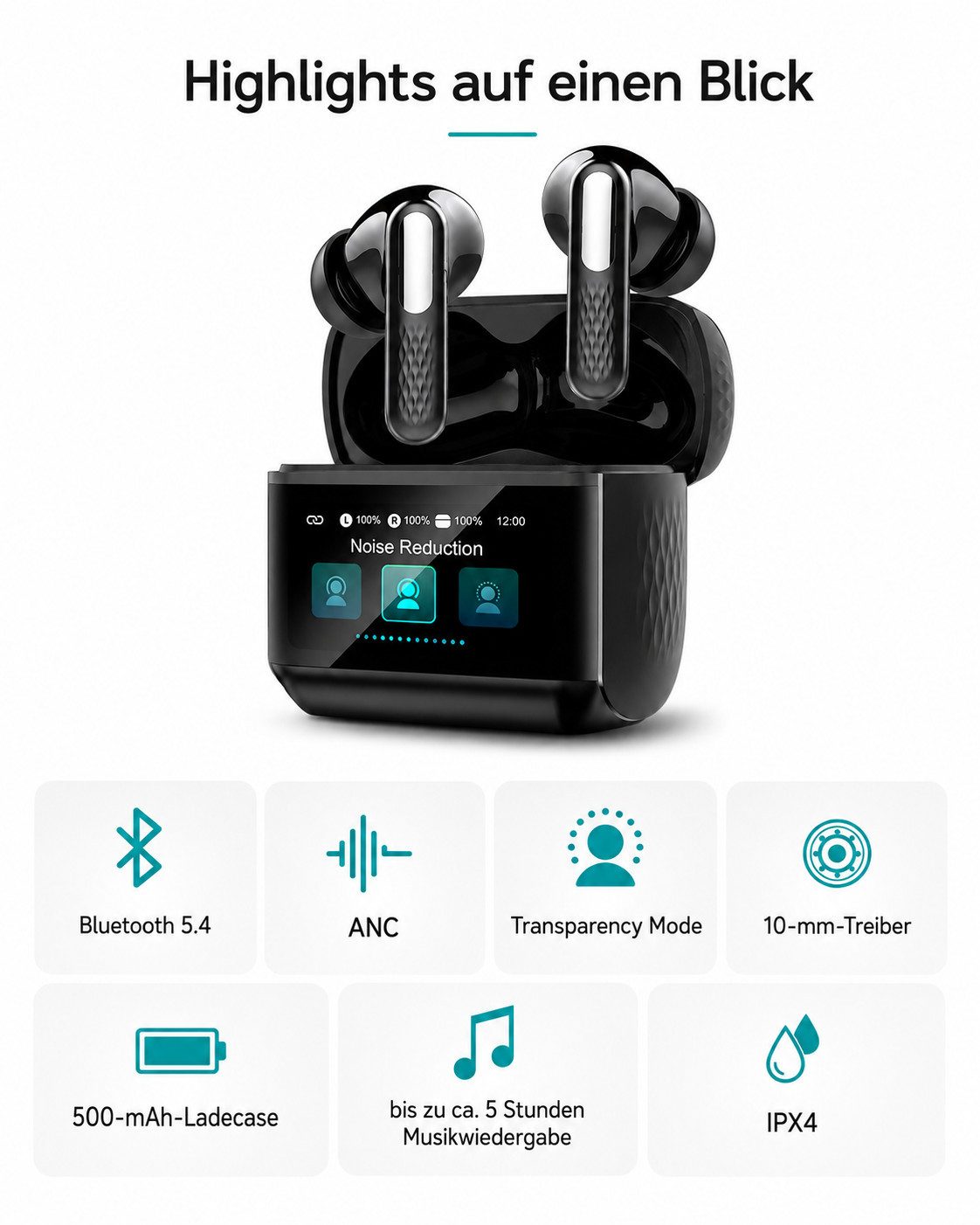 OYLCDI Bluetooth Kopfhörer,ANC mit Touch Control Bluetooth 5.4 Stereo In-Ear-Kopfhörer (Reduzierung des Anrufrauschens und Intelligente Bassoptimierung, HiFi Stereo, ANC Noise Cancelling Earbuds, 40 Std Laufzeit, IPX4 Wasserdichte Kabellose Sport Bluetooth Kopfhörer, für Übung, Büro und Langzeitgebrauc)