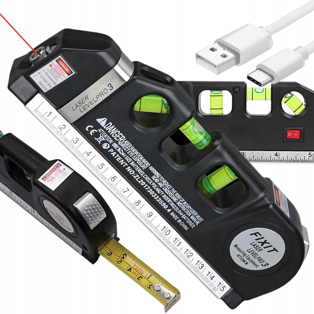 VERK GROUP Laserwasserwaage USB Laser Wasserwaage Linienlaser Maßband 2,5m 3in1 Lineal, (1 St), 3-in-1-Funktion, 3 Laser-Modi