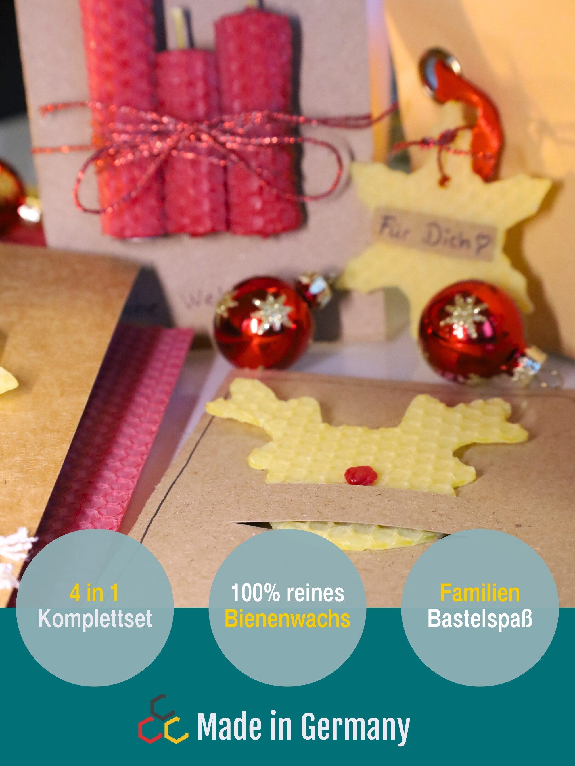 Wachsmann Bienenprodukte Bastelnaturmaterial Bastel-Set mit 100% Bienenwachs, Weihnachtsanhänger selber machen, (Deko für Geschenke & den Tannenbaum), Mit Ausstechformen, Dekoband & Dochten
