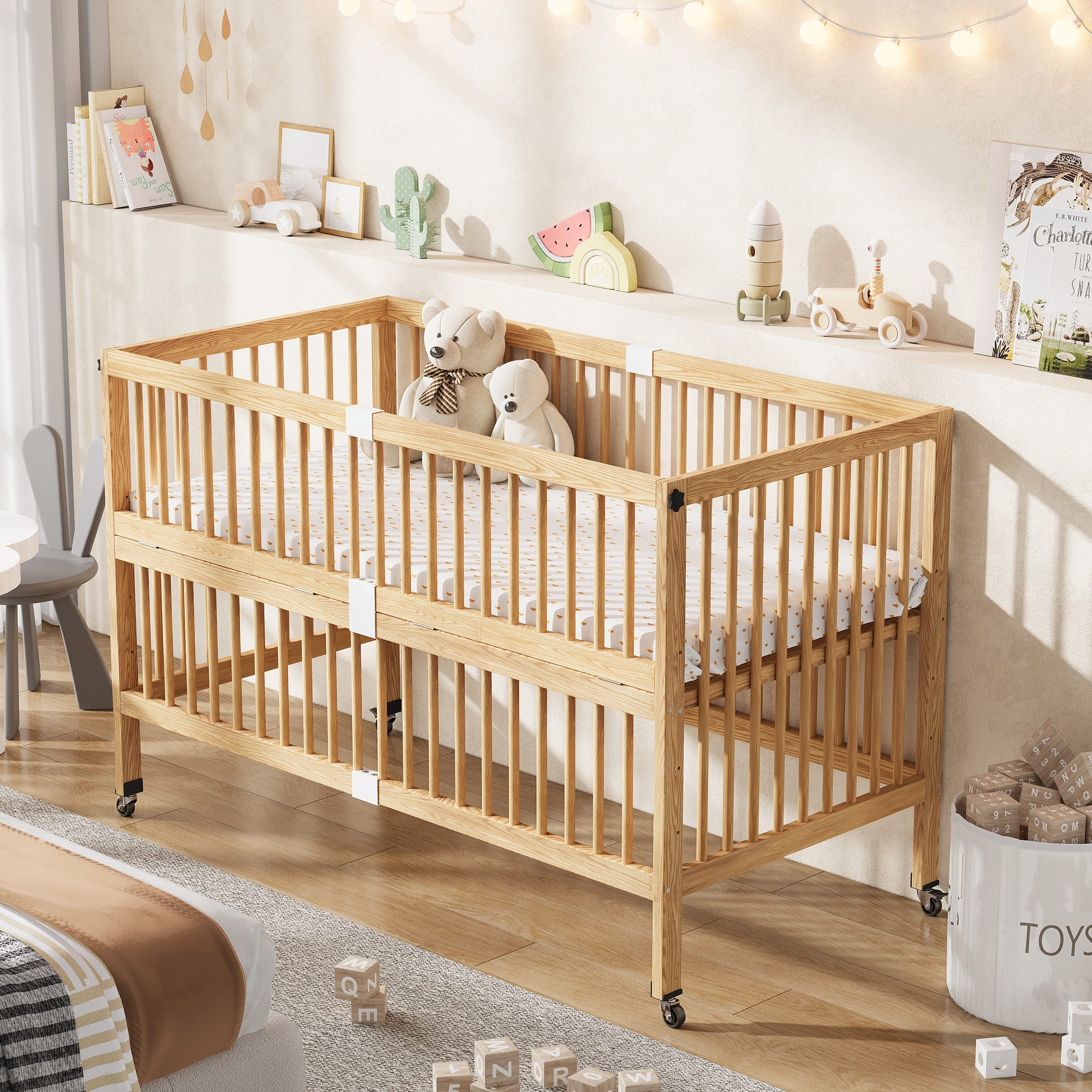 Flieks Babybett, Bewegliches Gitterbett 70x140cm 4-stufige Lattenrost-Höhenverstellung